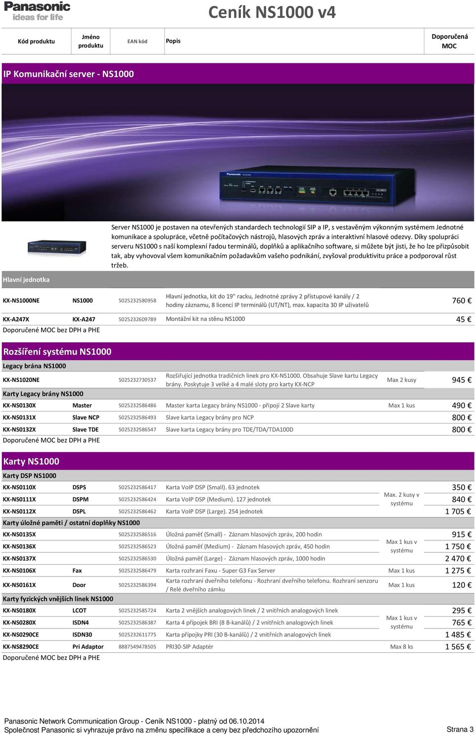 kapacita 30 IP uživatelů KX-A247X KX-A247 5025232609789 Montážní kit na stěnu NS1000 45 Rozšíření systému NS1000 Legacy brána NS1000 KX-NS1020NE 5025232730537 Karty Legacy brány NS1000 Rozšiřující