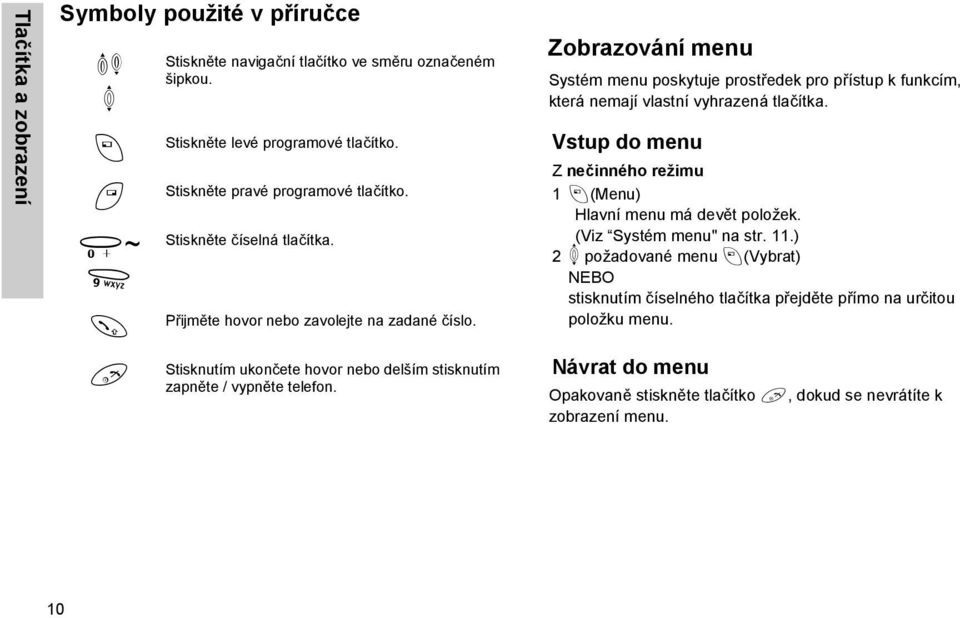 Zobrazování menu Systém menu poskytuje prostředek pro přístup k funkcím, která nemají vlastní vyhrazená tlačítka. Vstup do menu Z nečinného režimu 1 A(Menu) Hlavní menu má devět položek.