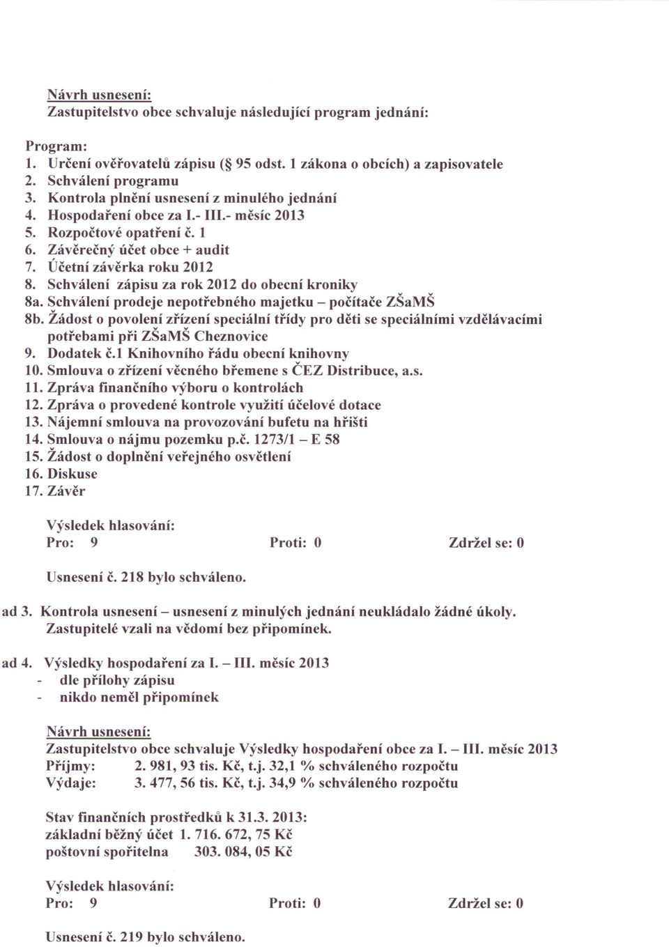 Schválení zápisu za rok 2012 do obecní kroniky 8a. Schválení prodeje nepotřebného majetku - počítače ZŠaMŠ 8b.