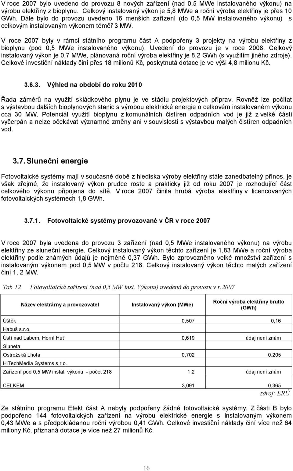 V roce 2007 byly v rámci státního programu část A podpořeny 3 projekty na výrobu elektřiny z bioplynu (pod 0,5 MWe instalovaného výkonu). Uvedení do provozu je v roce 2008.