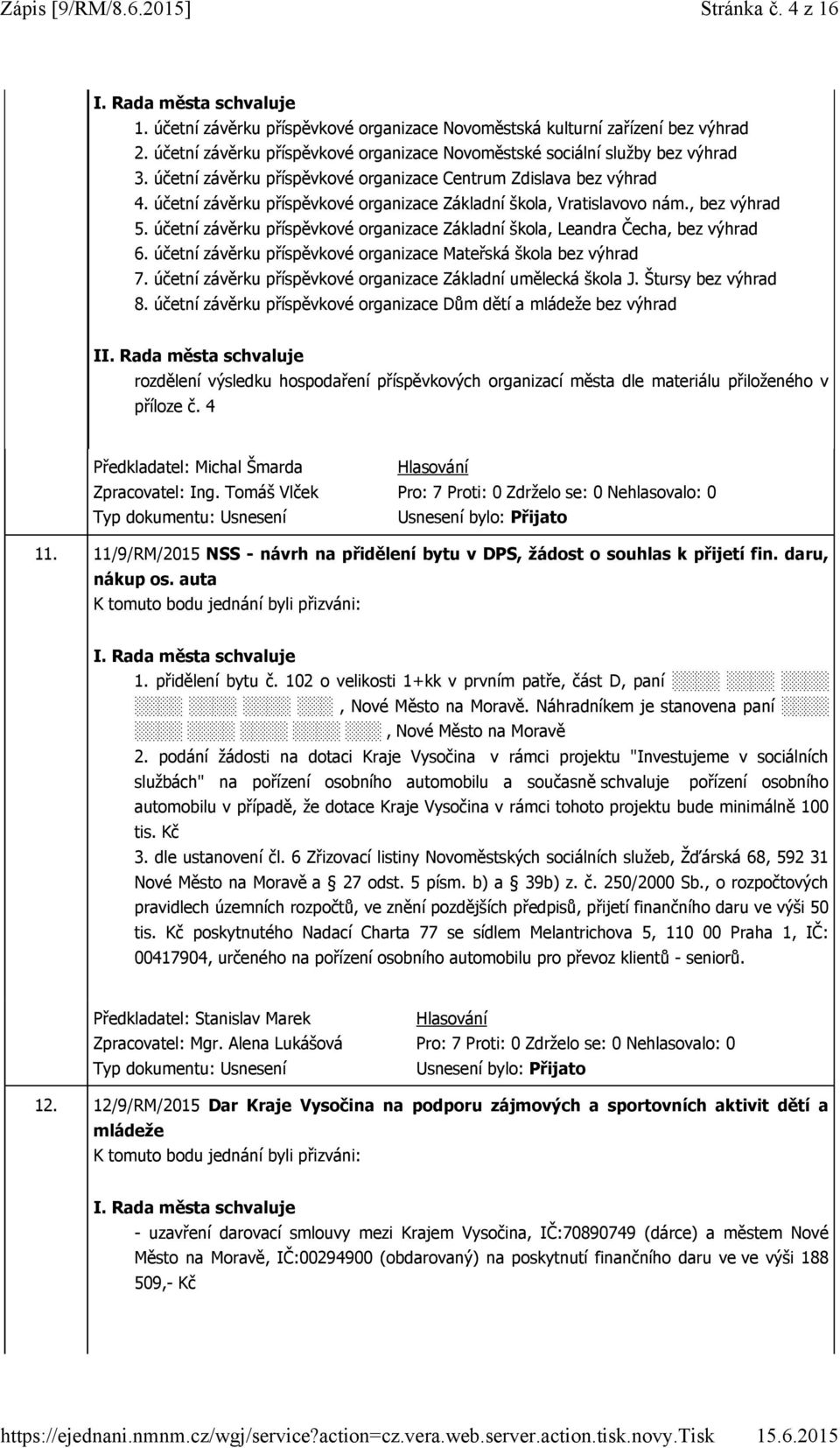 účetní závěrku příspěvkové organizace Základní škola, Leandra Čecha, bez výhrad 6. účetní závěrku příspěvkové organizace Mateřská škola bez výhrad 7.