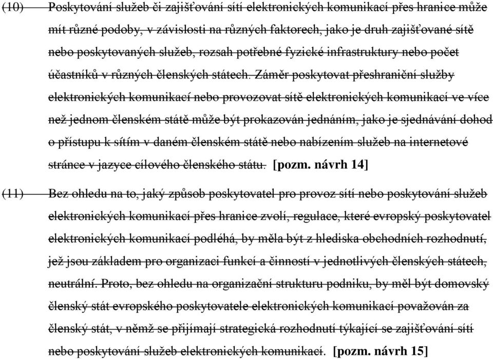 Záměr poskytovat přeshraniční služby elektronických komunikací nebo provozovat sítě elektronických komunikací ve více než jednom členském státě může být prokazován jednáním, jako je sjednávání dohod