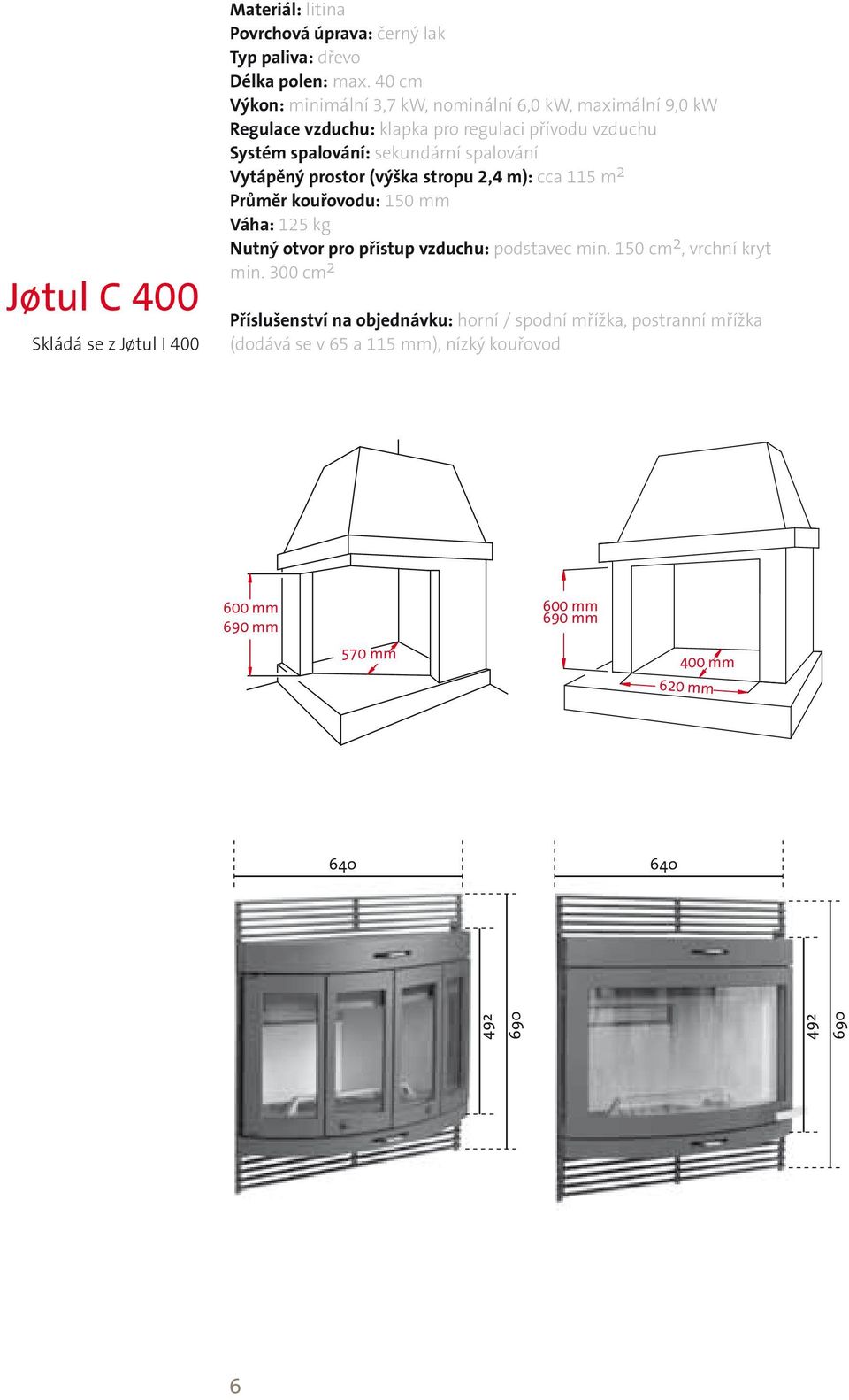 Vytápěný prostor (výška stropu 2,4 m): cca 115 m 2 Průměr kouřovodu: 150 mm Váha: 125 kg Nutný otvor pro přístup vzduchu: podstavec min.