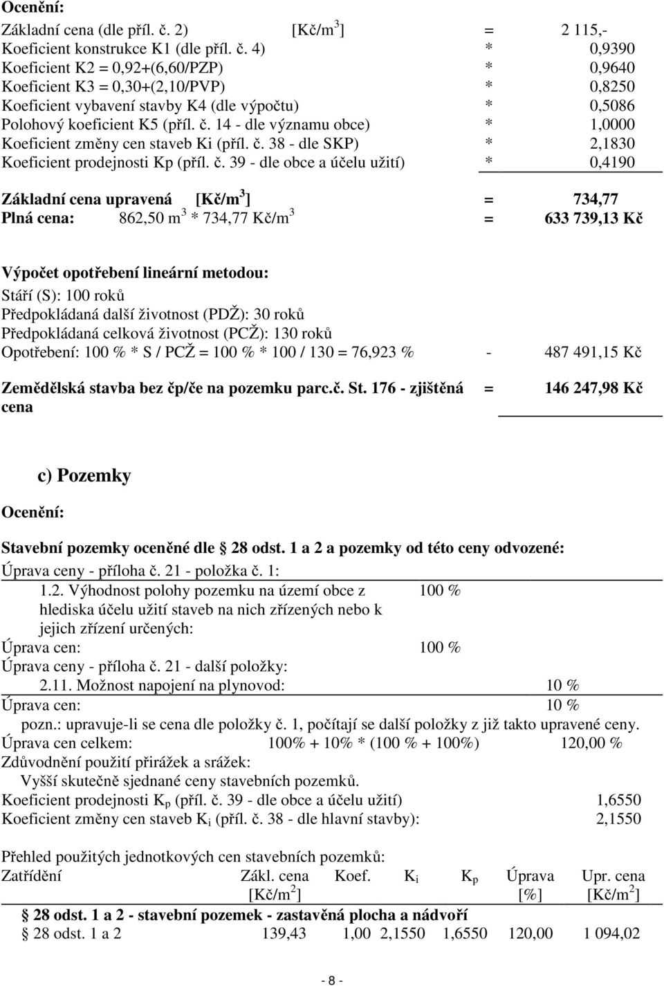 4) * 0,9390 Koeficient K2 = 0,92+(6,60/PZP) * 0,9640 Koeficient K3 = 0,30+(2,10/PVP) * 0,8250 Koeficient vybavení stavby K4 (dle výpočtu) * 0,5086 Polohový koeficient K5 (příl. č.