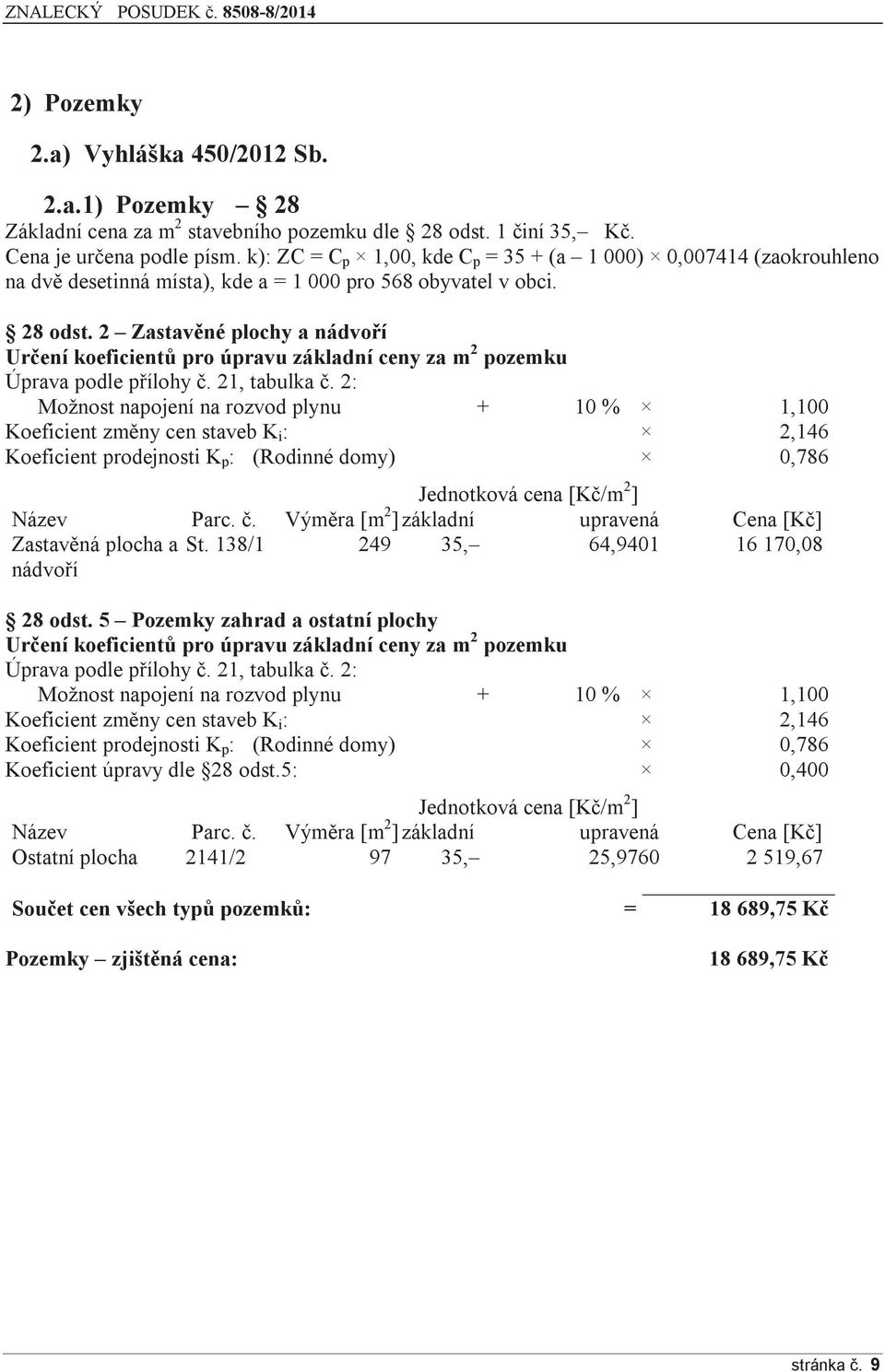 2 Zastavěné plochy a nádvoří Určení koeficientů pro úpravu základní ceny za m 2 pozemku Úprava podle přílohy č. 21, tabulka č.