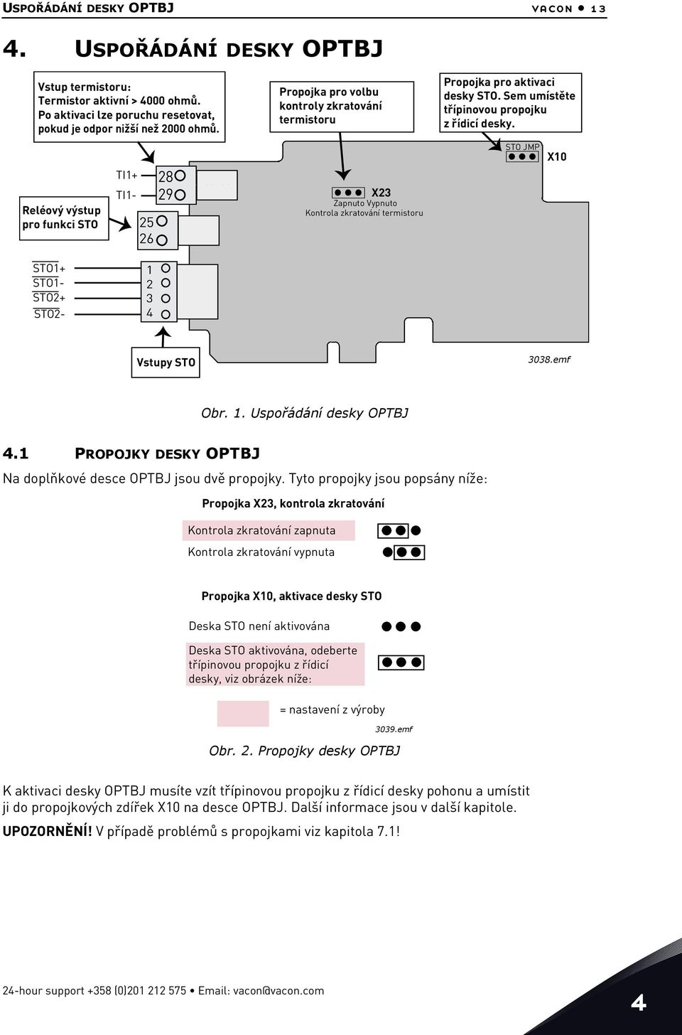 Reléový výstup pro funkci STO TI+ TI- 6 8 9 X3 Zapnuto Vypnuto Kontrola zkratování termistoru STO JMP X0 STO+ STO- STO+ STO- 3 4 Vstupy STO 3038.emf Obr.. Uspořádání desky OPTBJ 4.