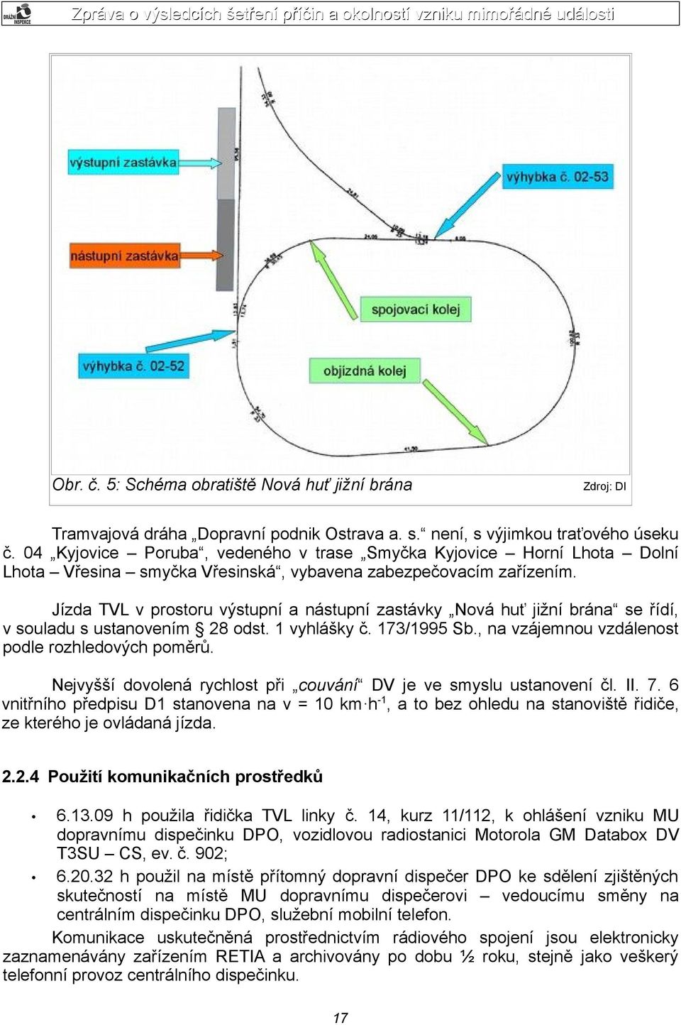 Jízda TVL v prostoru výstupní a nástupní zastávky Nová huť jižní brána se řídí, v souladu s ustanovením 28 odst. 1 vyhlášky č. 173/1995 Sb., na vzájemnou vzdálenost podle rozhledových poměrů.
