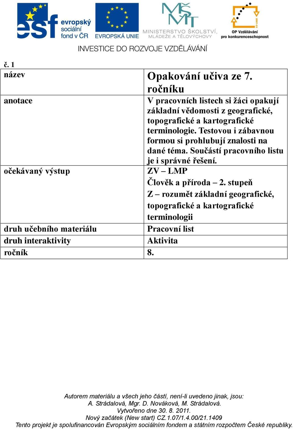 V pracovních listech si žáci opakují základní vědomosti z geografické, topografické a kartografické terminologie.