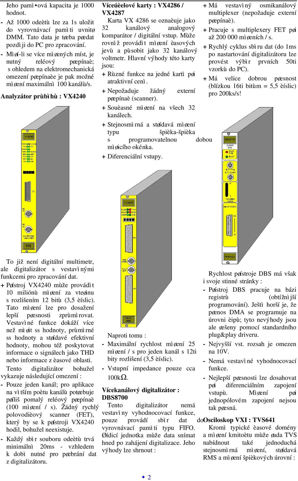 Analyzátor prùbìhù : VX4240 Víceúèelové karty : VX4286 / VX4287 Karta VX 4286 se oznaèuje jako 32 kanálový analogový komparátor / digitální vstup.