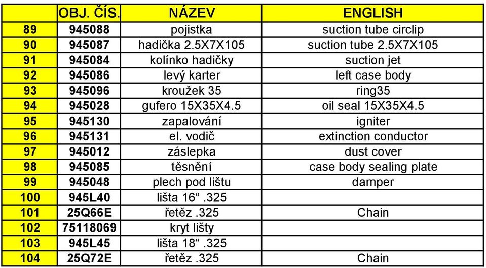 5 oil seal 15X35X4.5 95 945130 zapalování igniter 96 945131 el.