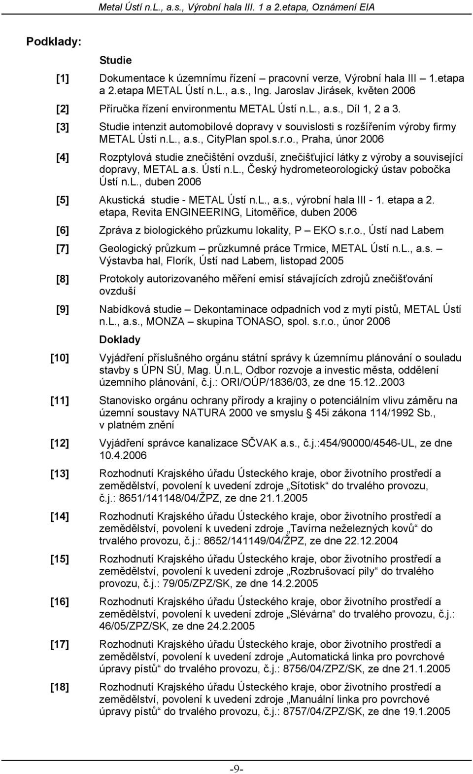 s.r.o., Praha, únor 2006 [4] Rozptylová studie znečištění ovzduší, znečišťující látky z výroby a související dopravy, METAL a.s. Ústí n.l., Český hydrometeorologický ústav pobočka Ústí n.l., duben 2006 [5] Akustická studie - METAL Ústí n.