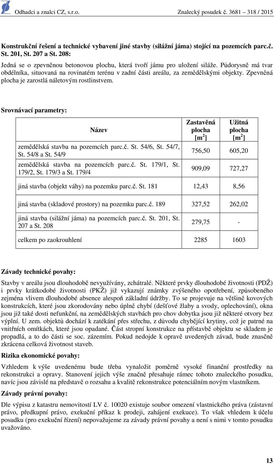 Srovnávací parametry: Název zemědělská stavba na pozemcích parc.č. St. 54/6, St. 54/7, St. 54/8 a St. 54/9 zemědělská stavba na pozemcích parc.č. St. 179/1, St. 179/2, St. 179/3 a St.