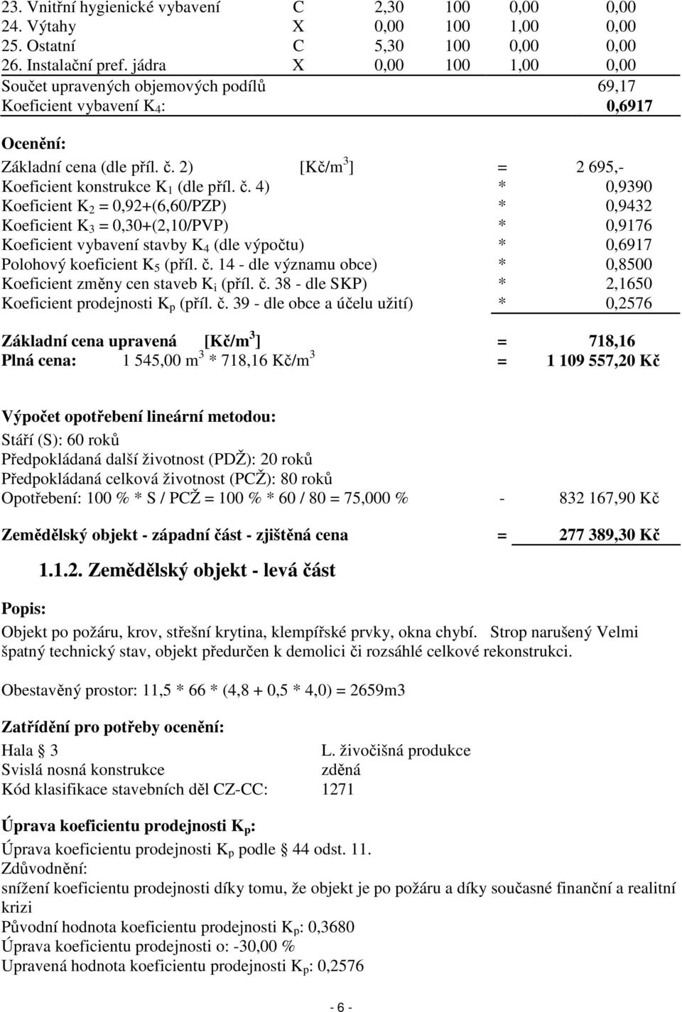 č. 4) * 0,9390 Koeficient K 2 = 0,92+(6,60/PZP) * 0,9432 Koeficient K 3 = 0,30+(2,10/PVP) * 0,9176 Koeficient vybavení stavby K 4 (dle výpočtu) * 0,6917 Polohový koeficient K 5 (příl. č.