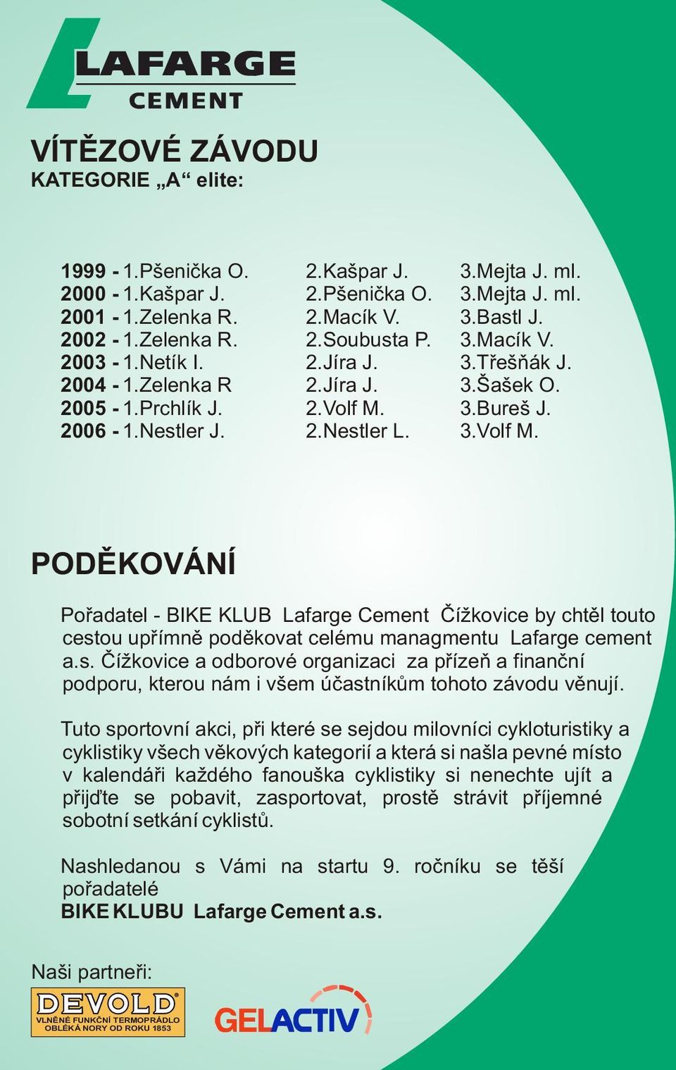 3.Bureš J. 2006-1.Nestler J. 2.Nestler L. 3.Volf M. PODÌKOVÁNÍ Poøadatel - BIKE KLUB Lafarge Cement Èížkovice by chtìl touto cestou upøímnì podìkovat celému managmentu Lafarge cement a.s. Èížkovice a odborové organizaci za pøízeò a finanèní podporu, kterou nám i všem úèastníkùm tohoto závodu vìnují.