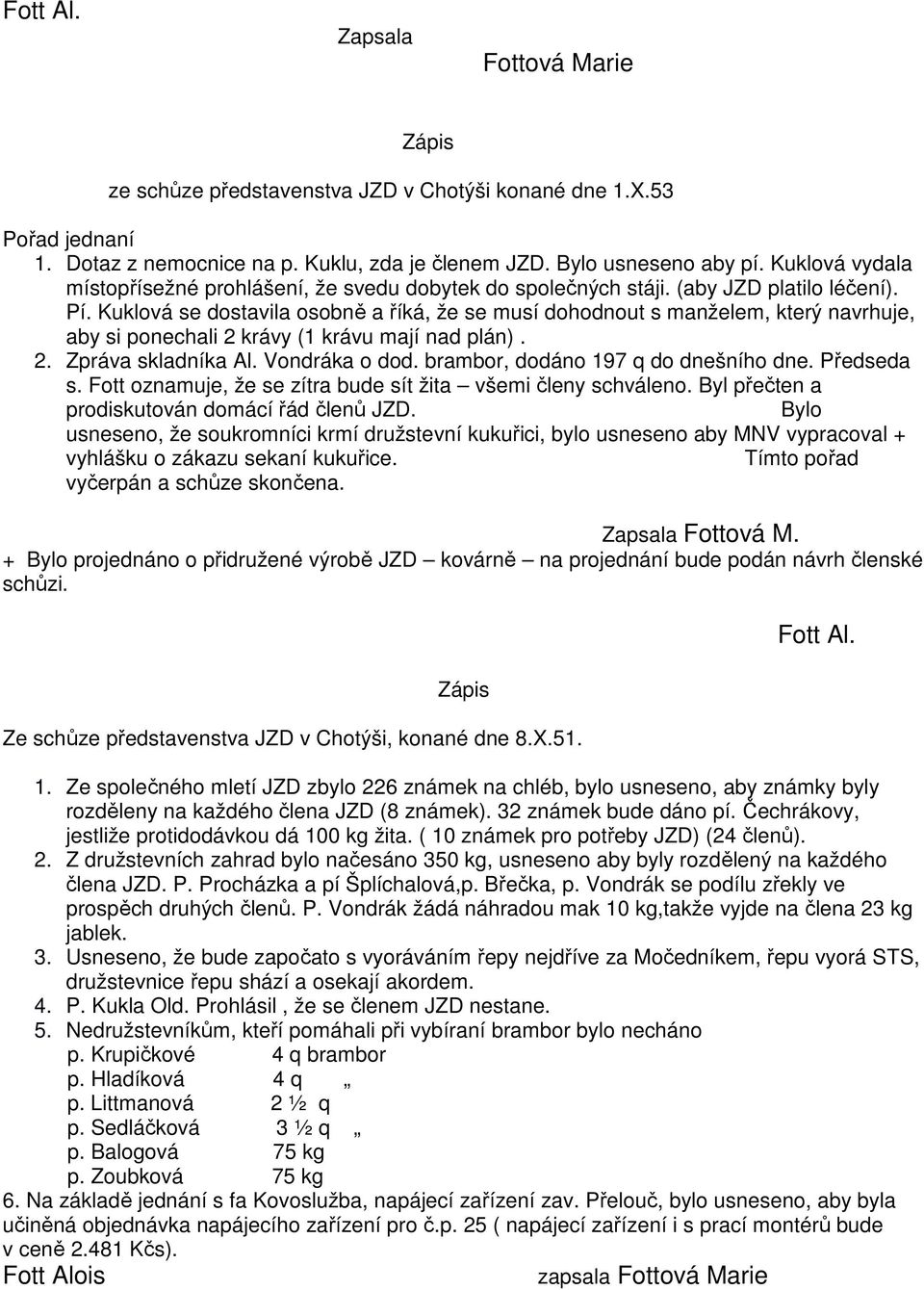 Kuklová se dostavila osobně a říká, že se musí dohodnout s manželem, který navrhuje, aby si ponechali 2 krávy (1 krávu mají nad plán). 2. Zpráva skladníka Al. Vondráka o dod.