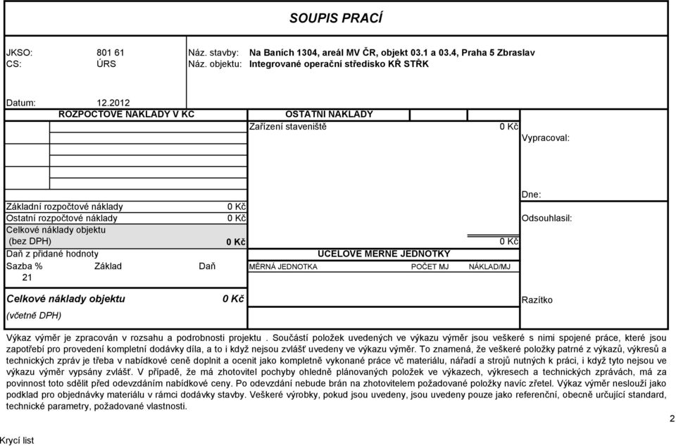 0 Kč 0 Kč Daň z přidané hodnoty ÚČELOVÉ MĚRNÉ JEDNOTKY Sazba % Základ Daň MĚRNÁ JEDNOTKA POČET MJ NÁKLAD/MJ 21 0 Kč 0 Kč Celkové náklady objektu (včetně DPH) 0 Kč Razítko Výkaz výměr je zpracován v