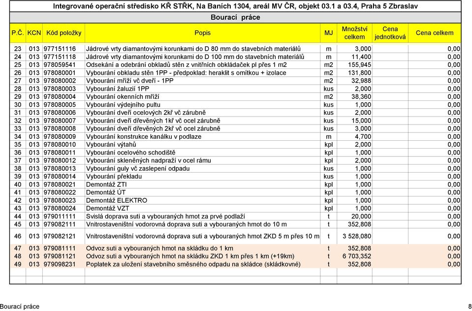 do D 100 mm do stavebních materiálů m 11,400 0,00 25 013 978059541 Odsekání a odebrání obkladů stěn z vnitřních obkládaček pl přes 1 m2 m2 155,945 0,00 26 013 978080001 Vybourání obkladu stěn 1PP -