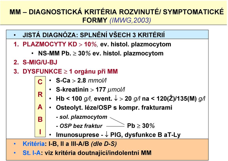 8 mmol/l S-kreatinin > 177 µmol/l Hb < 100 g/l, event. >20 g/l na < 120(Ž)/135(M) g/l Osteolyt. léze/osp s kompr. frakturami - sol.
