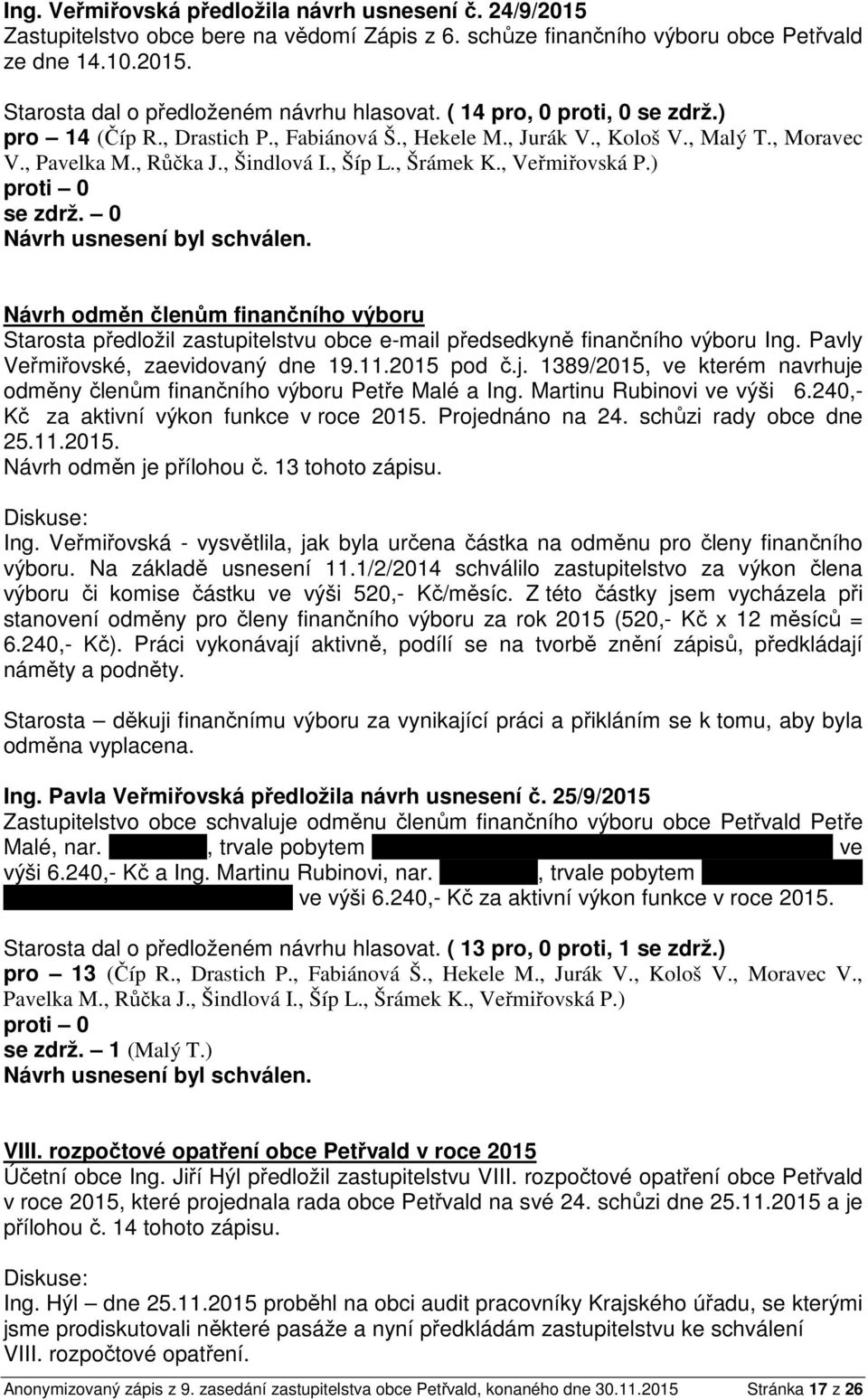 240,- Kč za aktivní výkon funkce v roce 2015. Projednáno na 24. schůzi rady obce dne 25.11.2015. Návrh odměn je přílohou č. 13 tohoto zápisu. Ing.