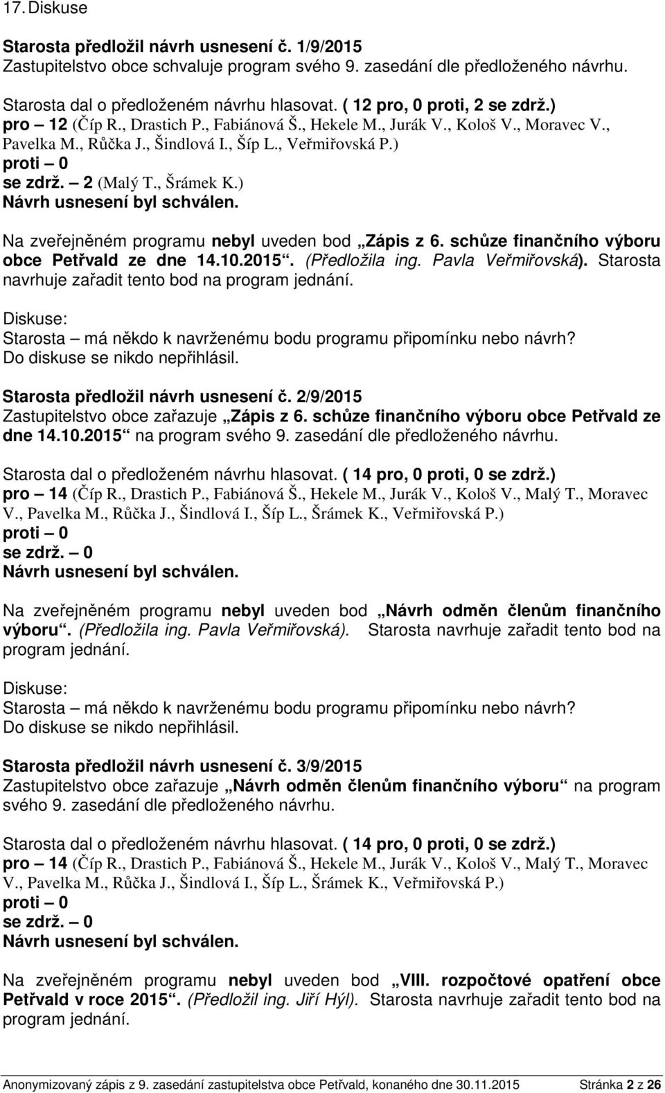 , Šrámek K.) Na zveřejněném programu nebyl uveden bod Zápis z 6. schůze finančního výboru obce Petřvald ze dne 14.10.2015. (Předložila ing. Pavla Veřmiřovská).