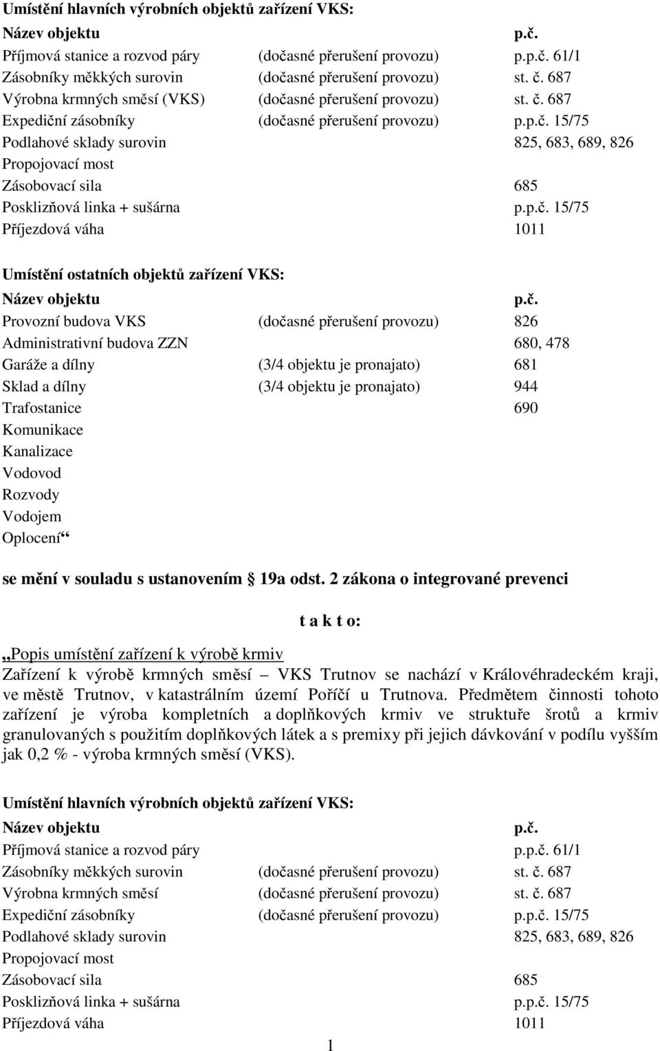 p.č. 15/75 Příjezdová váha 1011 Umístění ostatních objektů zařízení VKS: Název objektu p.č. Provozní budova VKS (dočasné přerušení provozu) 826 Administrativní budova ZZN 680, 478 Garáže a dílny (3/4