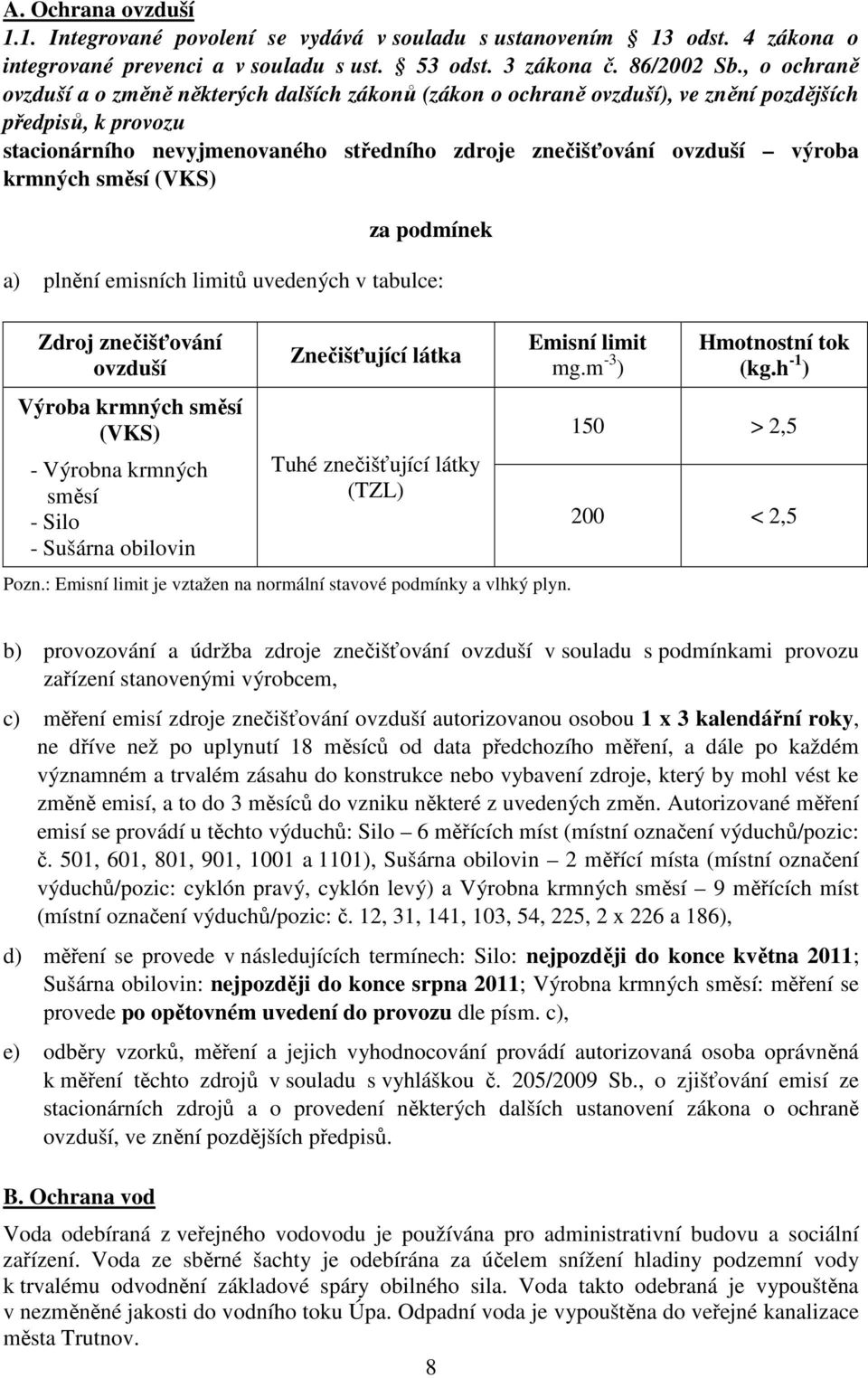 krmných směsí (VKS) za podmínek a) plnění emisních limitů uvedených v tabulce: Zdroj znečišťování ovzduší Výroba krmných směsí (VKS) - Výrobna krmných směsí - Silo - Sušárna obilovin Znečišťující