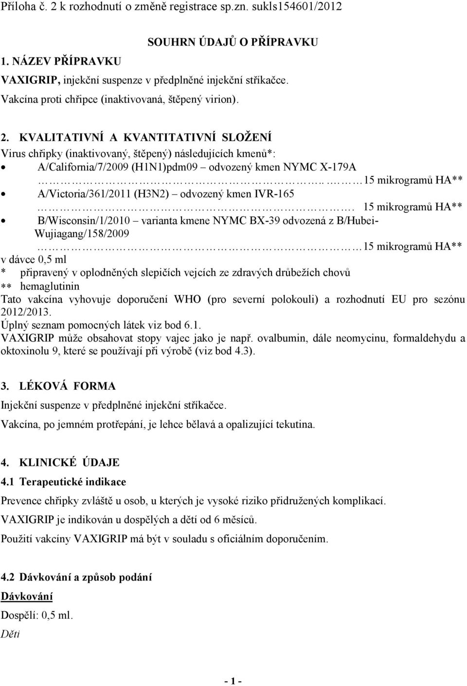 KVALITATIVNÍ A KVANTITATIVNÍ SLOŽENÍ Virus chřipky (inaktivovaný, štěpený) následujících kmenů*: A/California/7/2009 (H1N1)pdm09 odvozený kmen NYMC X-179A.