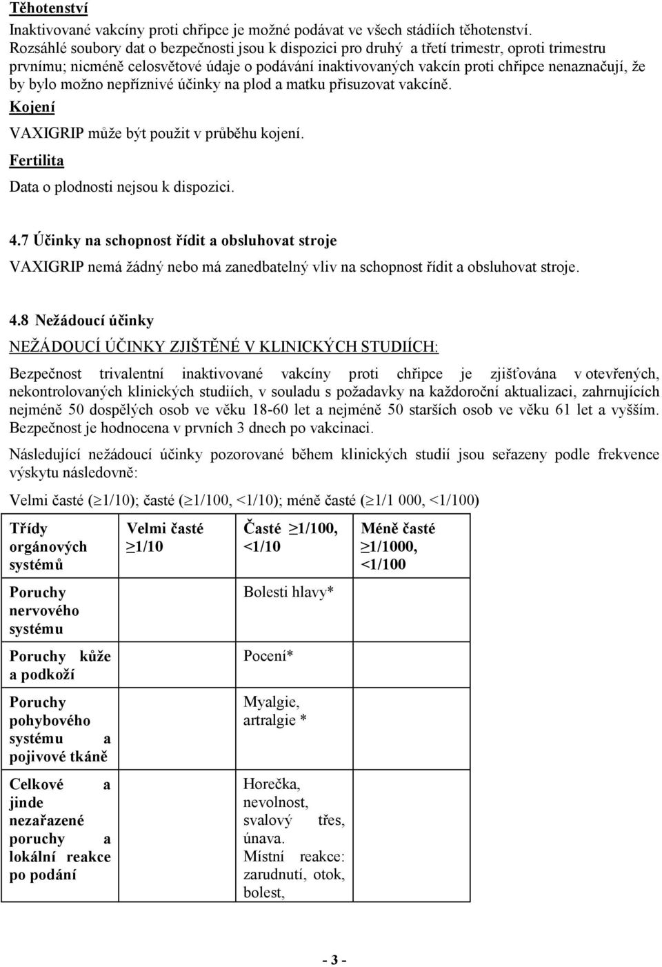 bylo možno nepříznivé účinky na plod a matku přisuzovat vakcíně. Kojení VAXIGRIP může být použit v průběhu kojení. Fertilita Data o plodnosti nejsou k dispozici. 4.