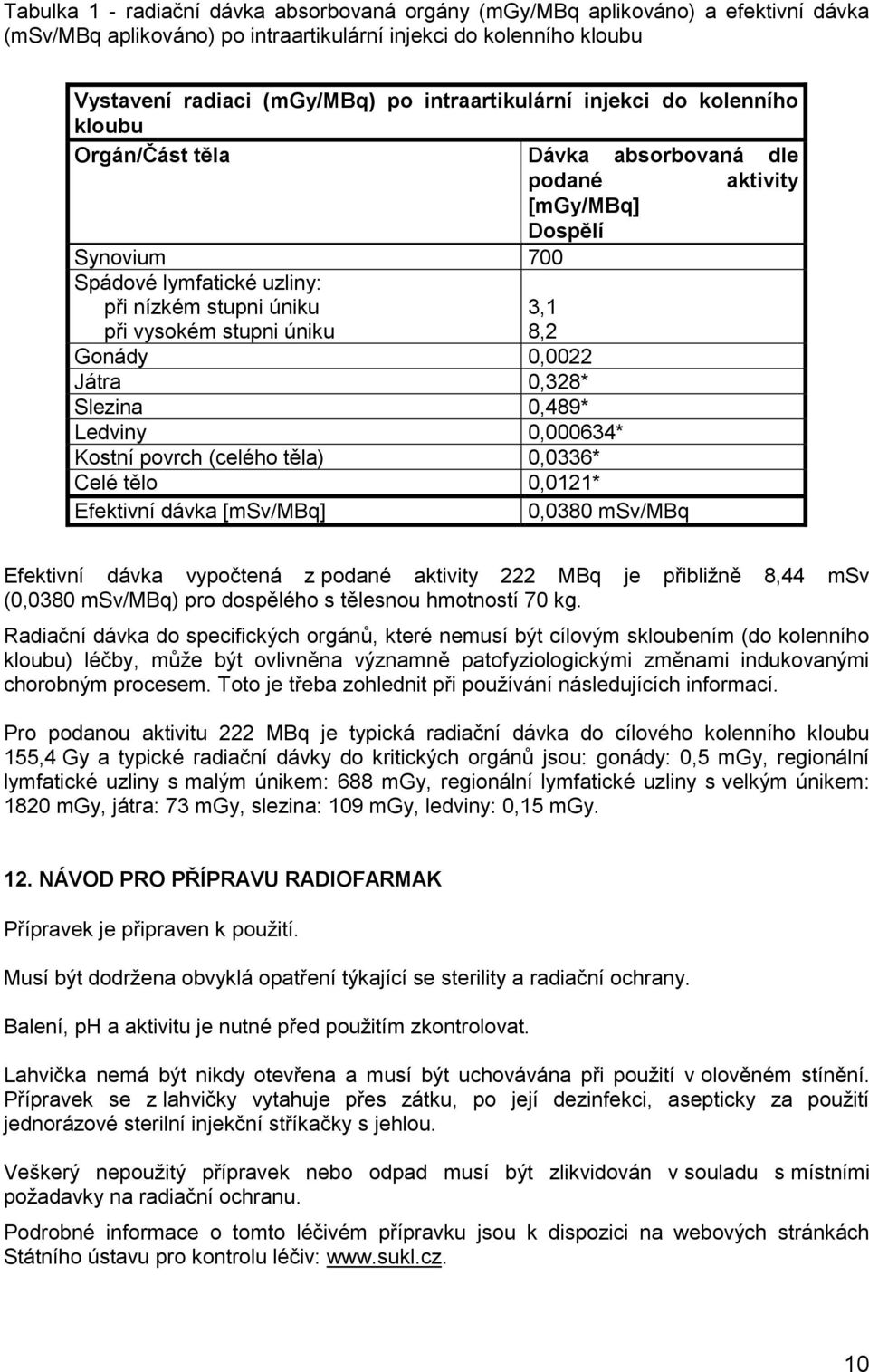 3,1 8,2 Gonády 0,0022 Játra 0,328* Slezina 0,489* Ledviny 0,000634* Kostní povrch (celého těla) 0,0336* Celé tělo 0,0121* Efektivní dávka [msv/mbq] 0,0380 msv/mbq aktivity Efektivní dávka vypočtená z