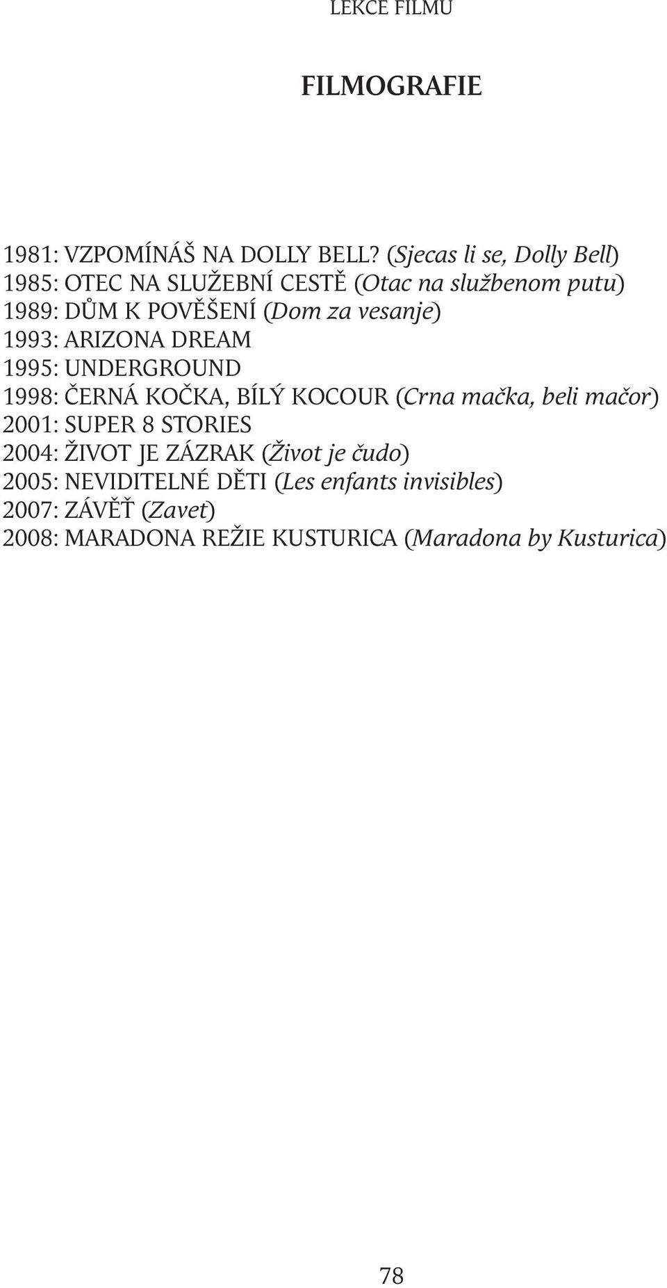 vesanje) 1993: ARIZONA DREAM 1995: UNDERGROUND 1998: ČERNÁ KOČKA, BÍLÝ KOCOUR (Crna mačka, beli mačor) 2001: