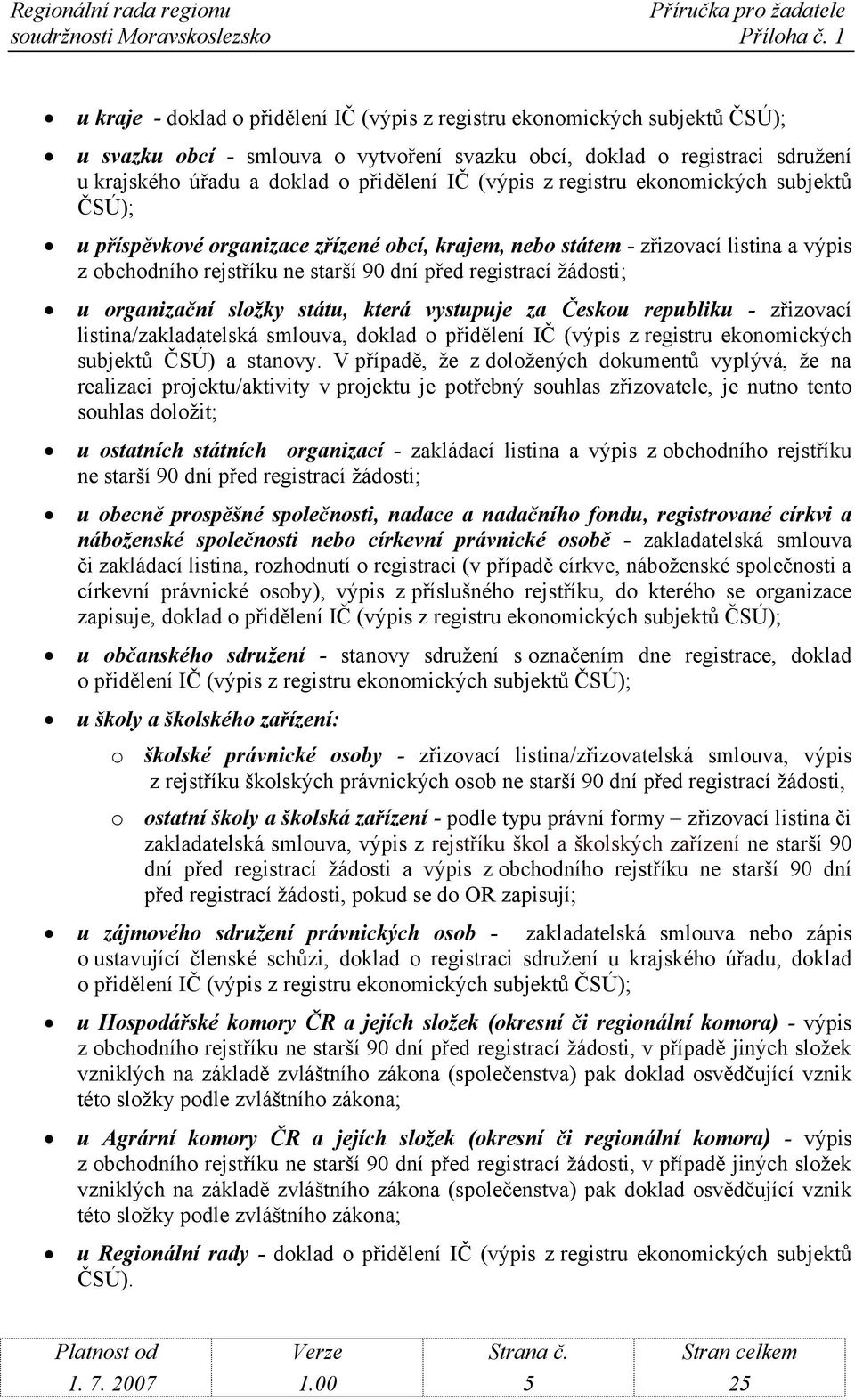 organizační složky státu, která vystupuje za Českou republiku - zřizovací listina/zakladatelská smlouva, doklad o přidělení IČ (výpis z registru ekonomických subjektů ČSÚ) a stanovy.