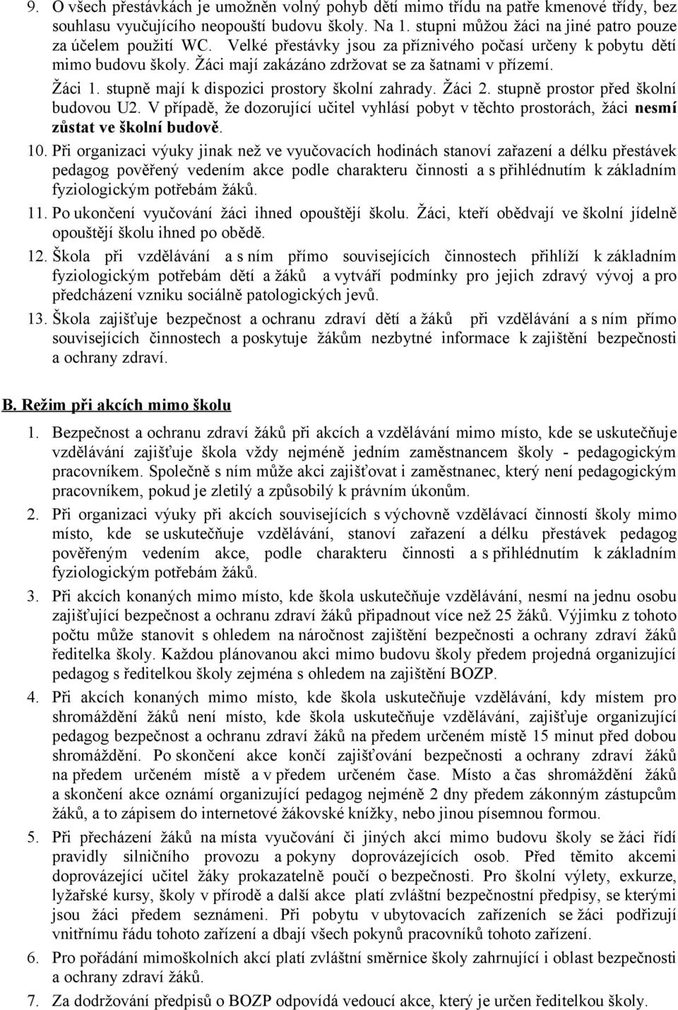 stupně prostor před školní budovou U2. V případě, že dozorující učitel vyhlásí pobyt v těchto prostorách, žáci nesmí zůstat ve školní budově. 10.