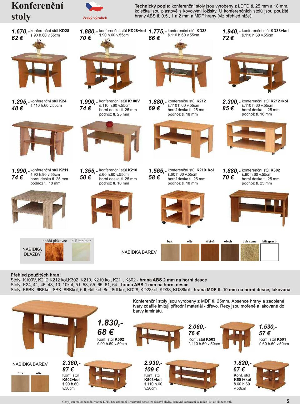 300,- 85 konferenční stůl K212+kol horní deska tl. 25 mm podnož tl. 18 mm 1.990,- 74 konferenční stůl K211 š.90 h.90 v.55cm horní deska tl. 25 mm podnož tl. 18 mm 1.355,- 50 konferenční stůl K210 š.