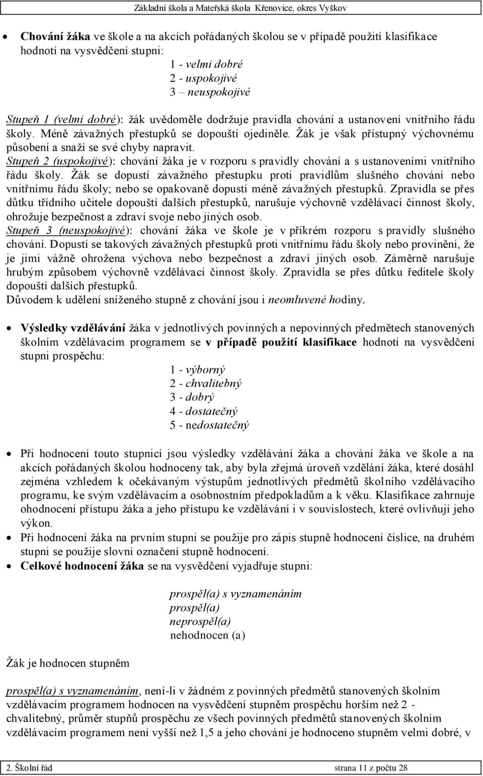 Stupeň 2 (uspokojivé): chování žáka je v rozporu s pravidly chování a s ustanoveními vnitřního řádu školy.