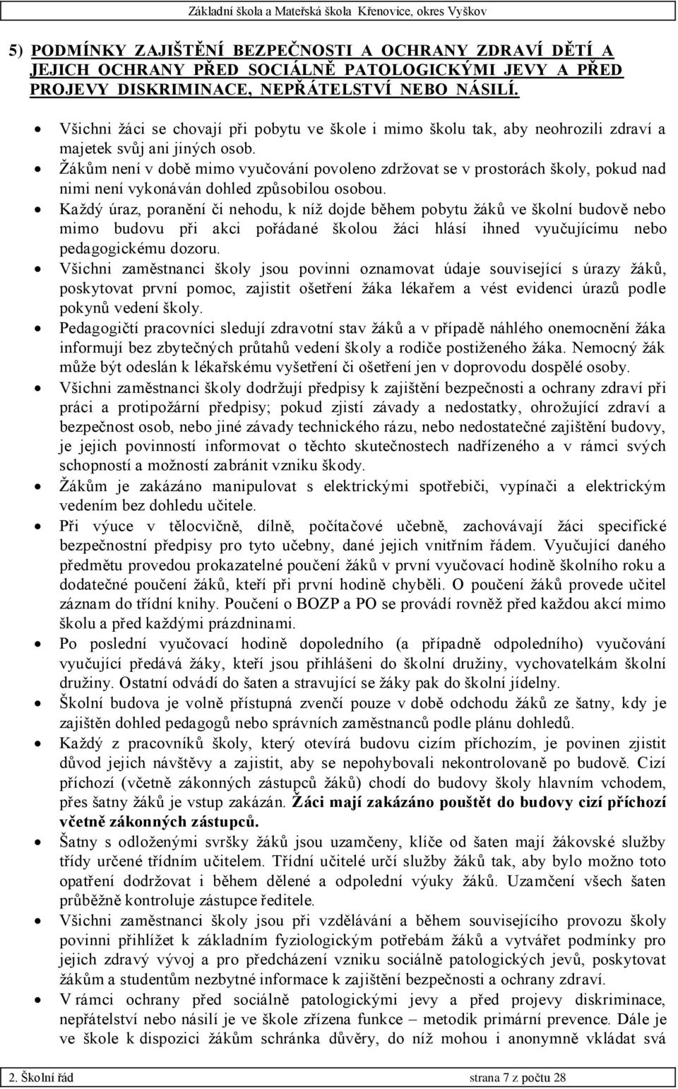 Žákům není v době mimo vyučování povoleno zdržovat se v prostorách školy, pokud nad nimi není vykonáván dohled způsobilou osobou.