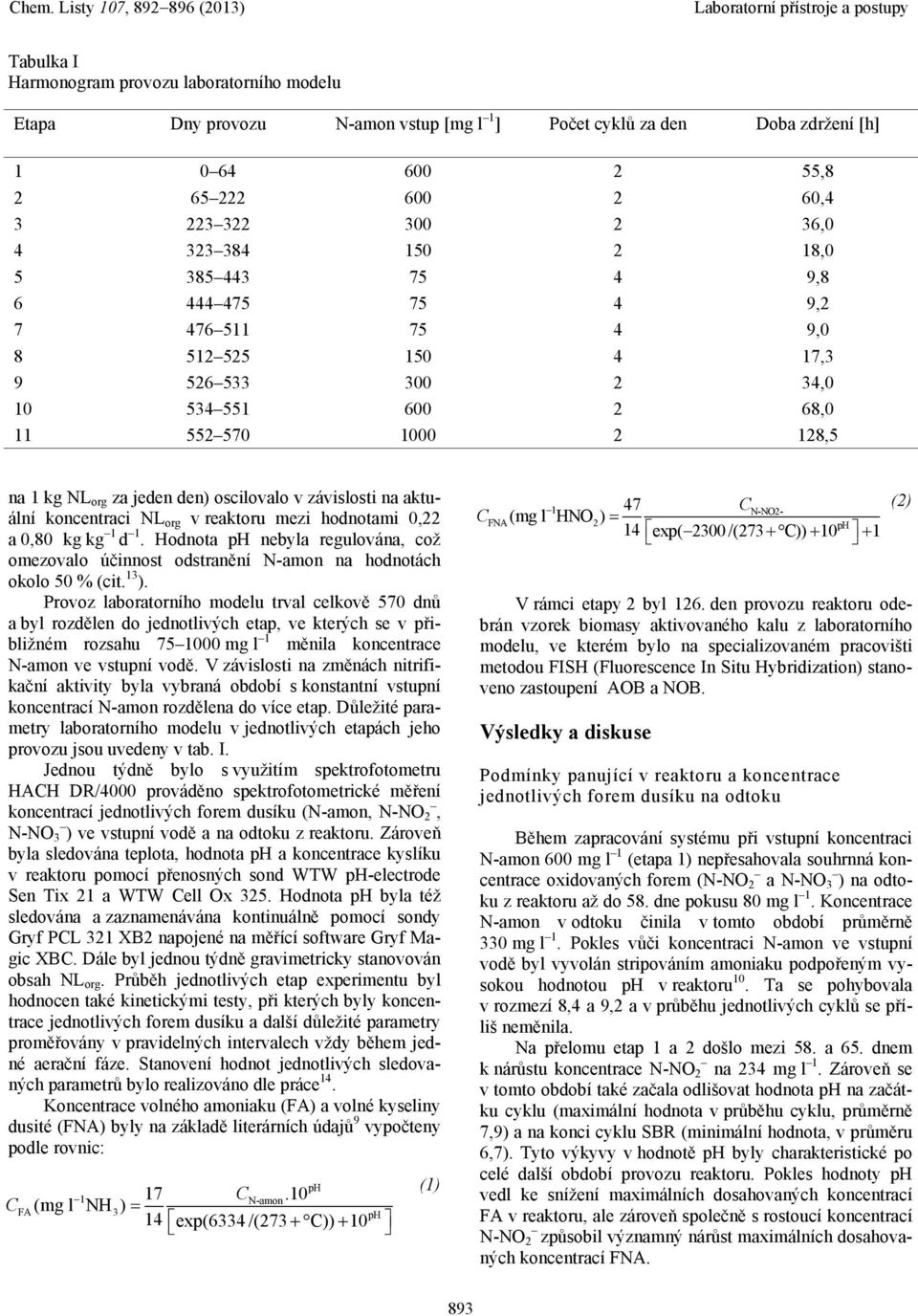 aktuální koncentraci NL org v reaktoru mezi hodnotami 0,22 a 0,80 kg kg 1 d 1. Hodnota ph nebyla regulována, což omezovalo účinnost odstranění N-amon na hodnotách okolo 50 % (cit. 13 ).