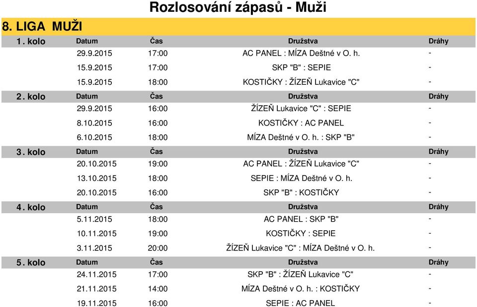 h. 20.10.2015 16:00 SKP "B" : KOSTIČKY 5.11.2015 18:00 AC PANEL : SKP "B" 10.11.2015 19:00 KOSTIČKY : SEPIE 3.11.2015 20:00 ŽÍZEŇ Lukavice "C" : MÍZA Deštné v O. h.