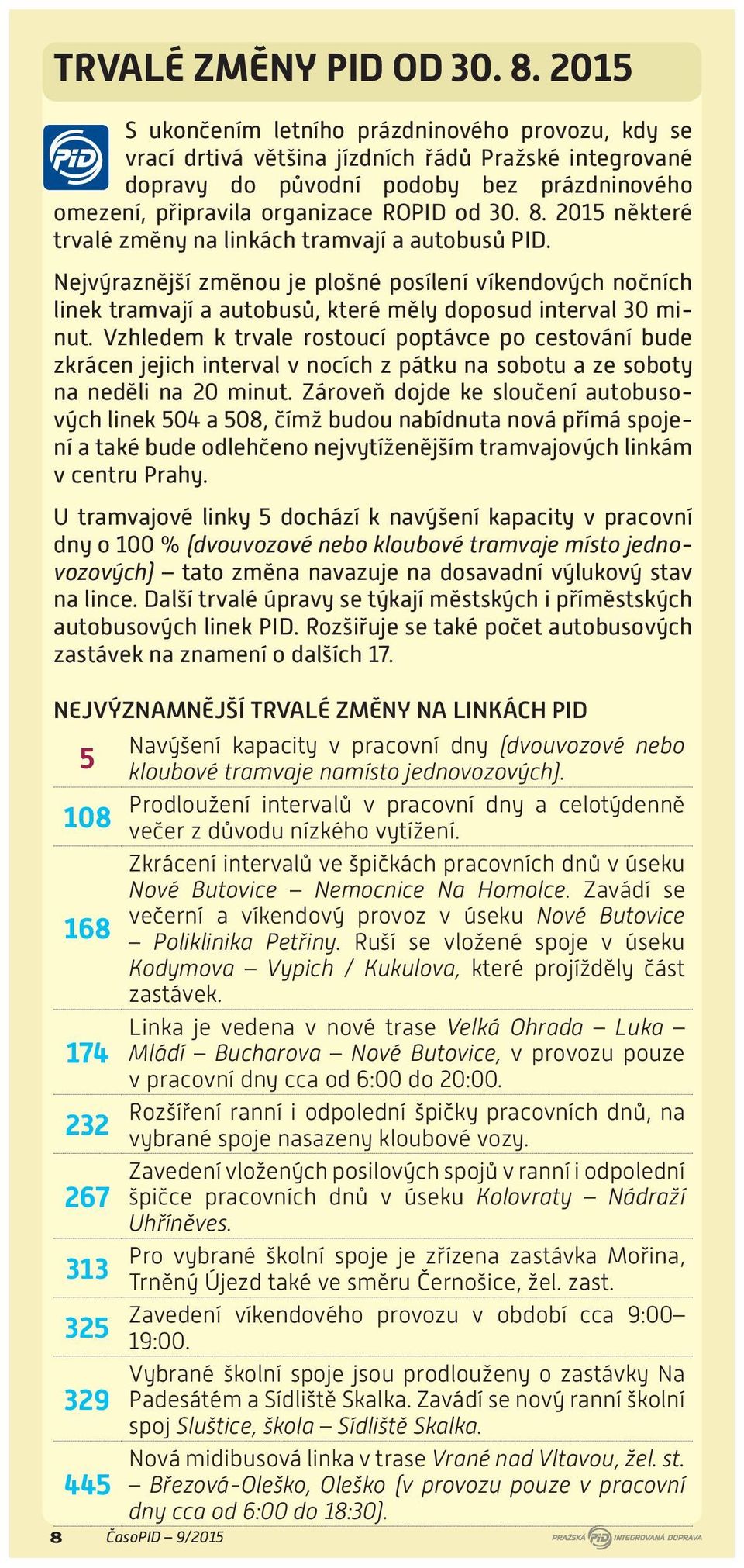 2015 některé trvalé změny na linkách tramvají a autobusů PID. Nejvýraznější změnou je plošné posílení víkendových nočních linek tramvají a autobusů, které měly doposud interval 30 minut.