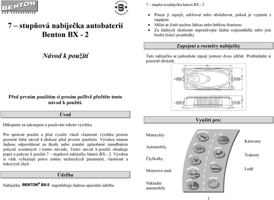 7 stupňová nabíječka autobaterií Benton BX PDF Stažení zdarma