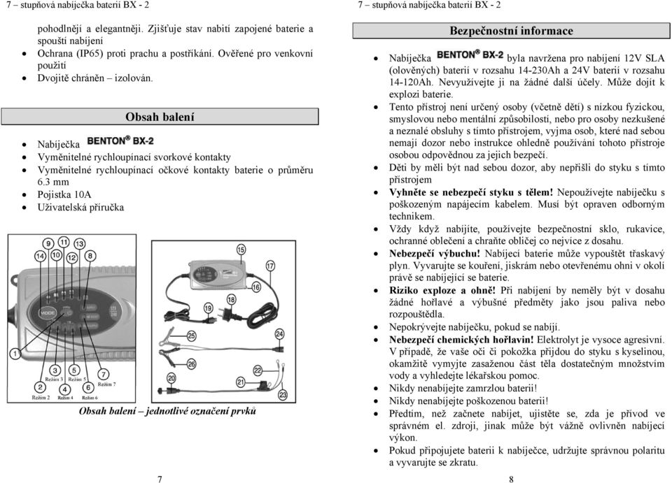 3 mm Pojistka 10A Uživatelská příručka Obsah balení jednotlivé označení prvků 7 Bezpečnostní informace Nabíječka byla navržena pro 12V SLA (olověných) baterií v rozsahu 14-230Ah a 24V baterií v
