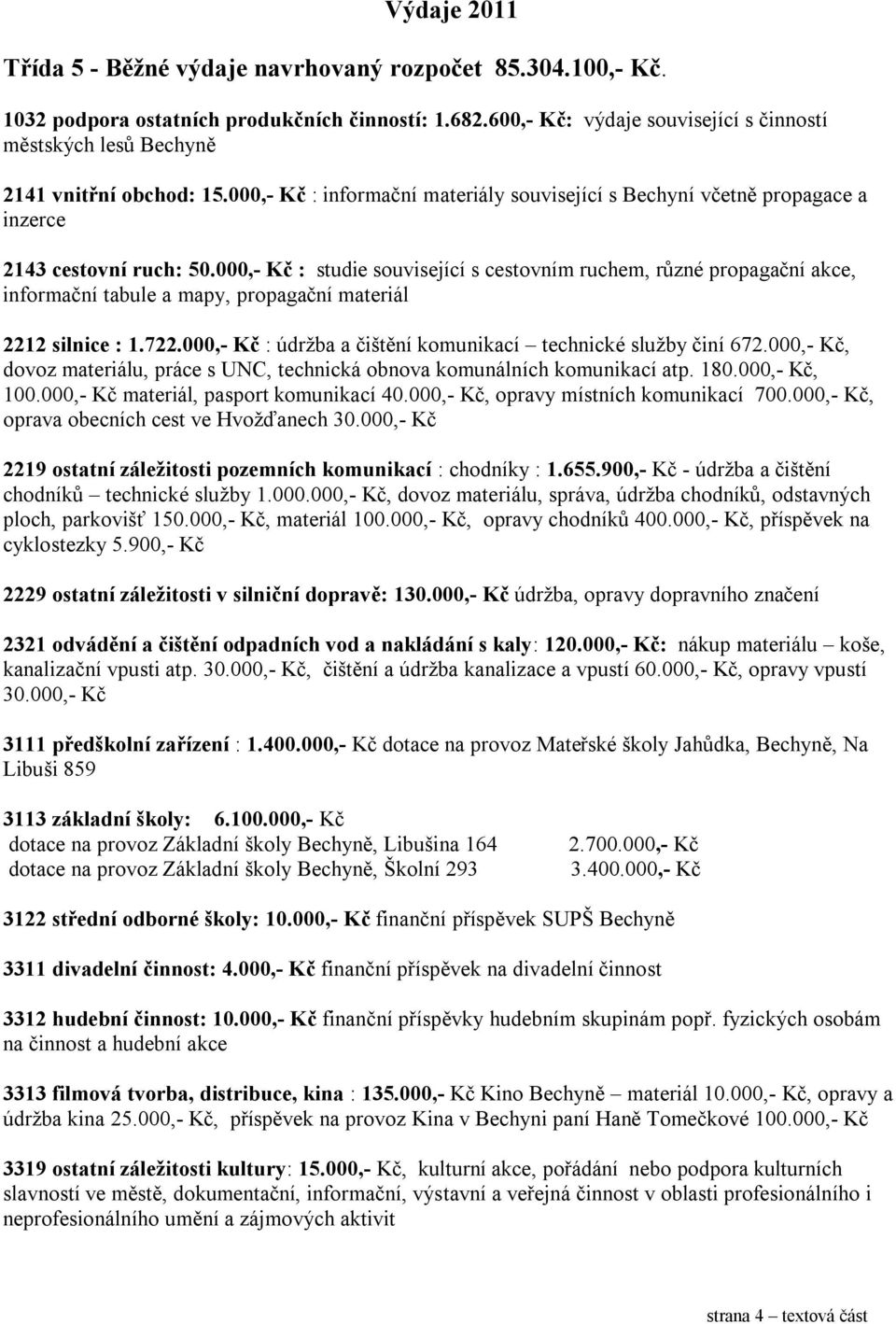 000,- Kč : studie související s cestovním ruchem, různé propagační akce, informační tabule a mapy, propagační materiál 2212 silnice : 1.722.