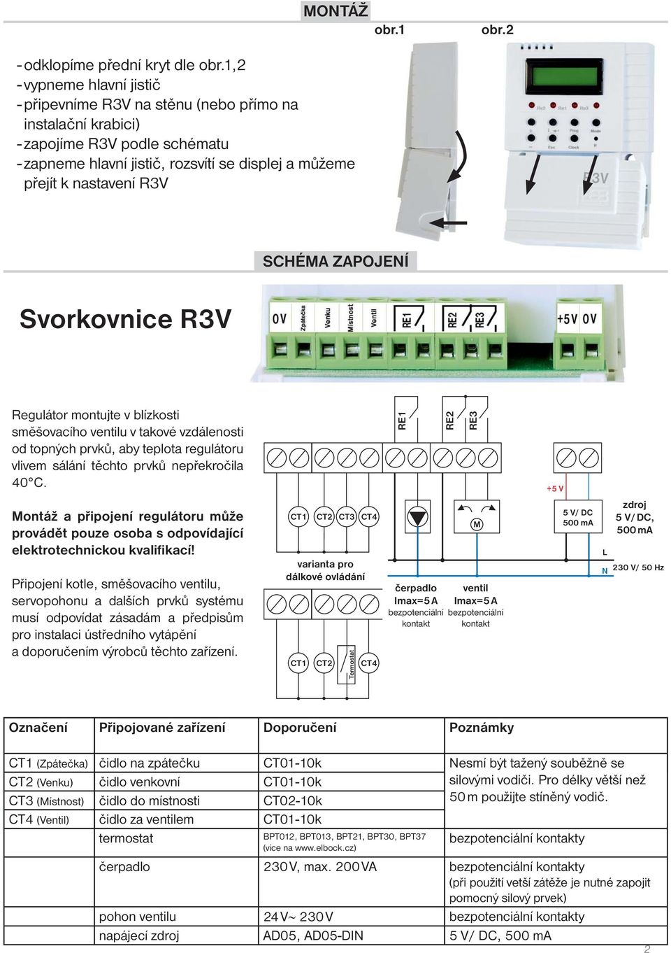 1 obr.2 SCHÉMA ZAPOJENÍ Svorkovnice R3V Regulátor montujte v blízkosti směšovacího ventilu v takové vzdálenosti od topných prvků, aby teplota regulátoru vlivem sálání těchto prvků nepřekročila 40 C.