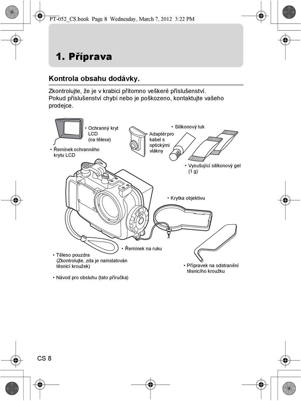 Řemínek ochranného krytu LCD Ochranný kryt LCD (na tělese) Silikonový tuk Adaptér pro kabel s optickými vlákny Vysušující silikonový gel