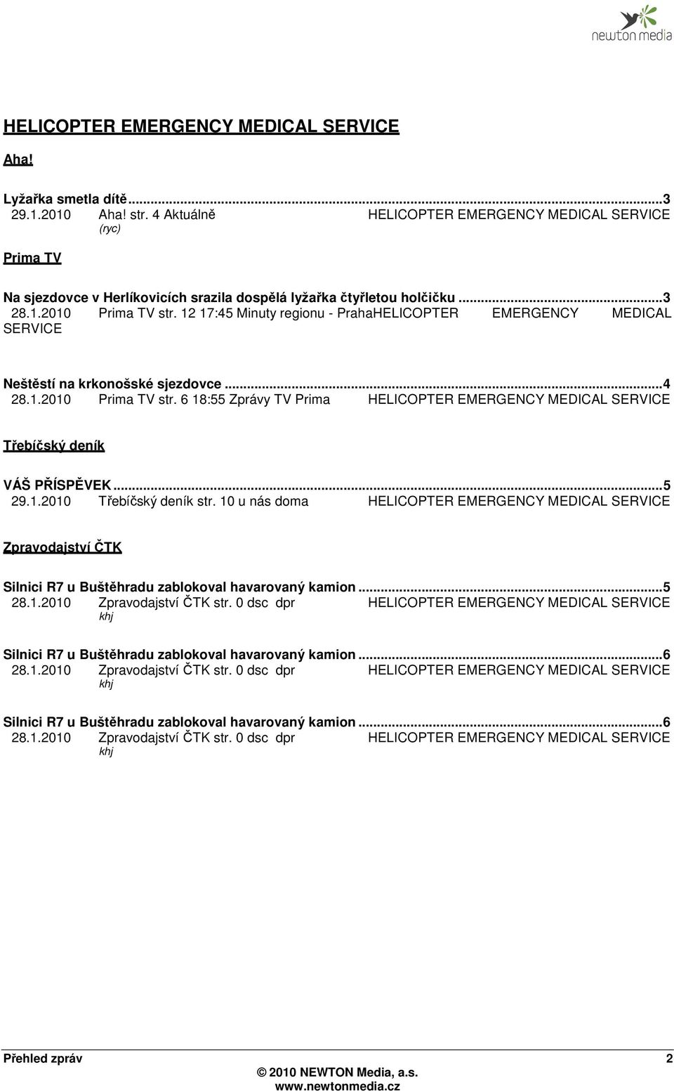 12 17:45 Minuty regionu - PrahaHELICOPTER EMERGENCY MEDICAL SERVICE Neštěstí na krkonošské sjezdovce... 4 28.1.2010 Prima TV str.