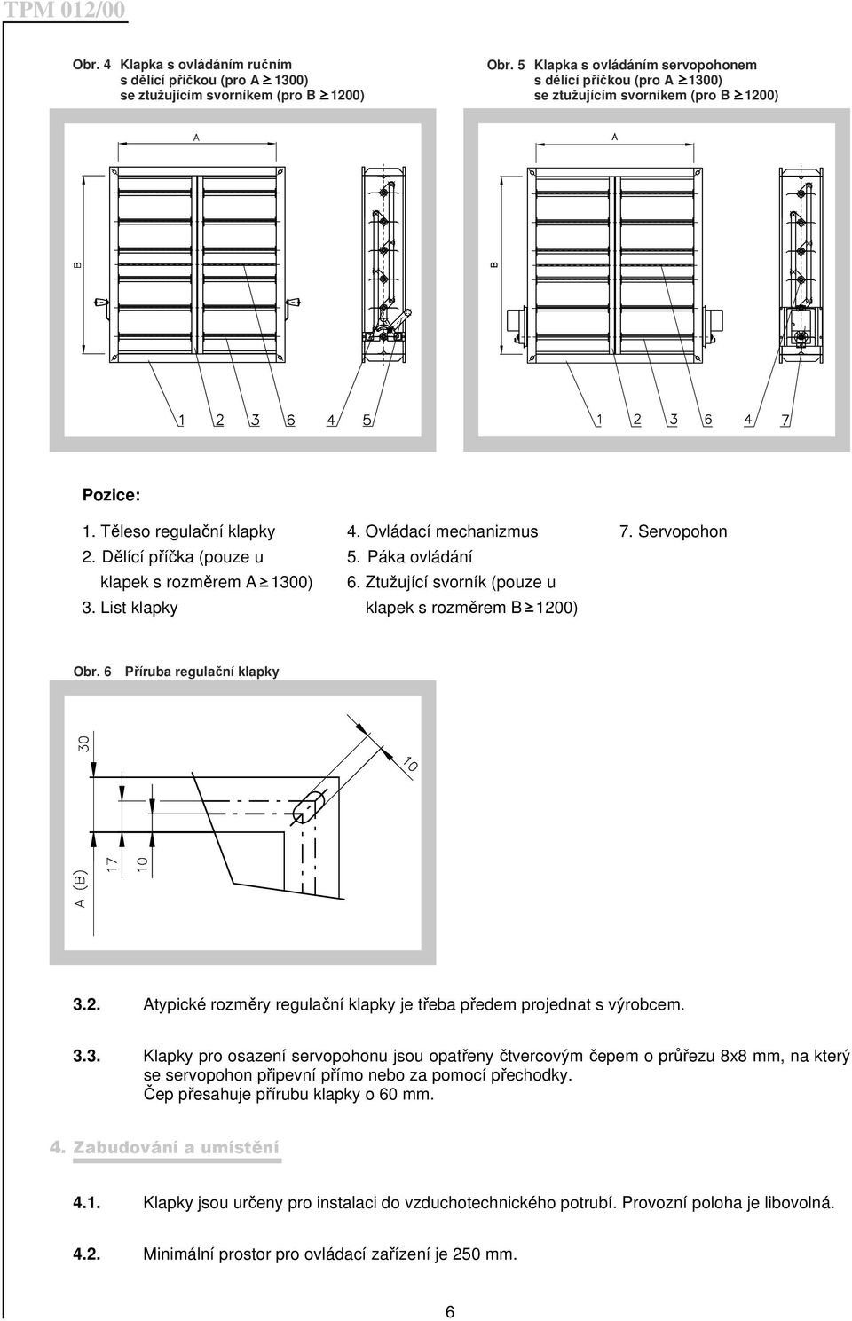 Dělící příčka (pouze u 5. Páka ovládání klapek s rozměrem A 1300) 6. Ztužující svorník (pouze u 3. List klapky klapek s rozměrem B 120