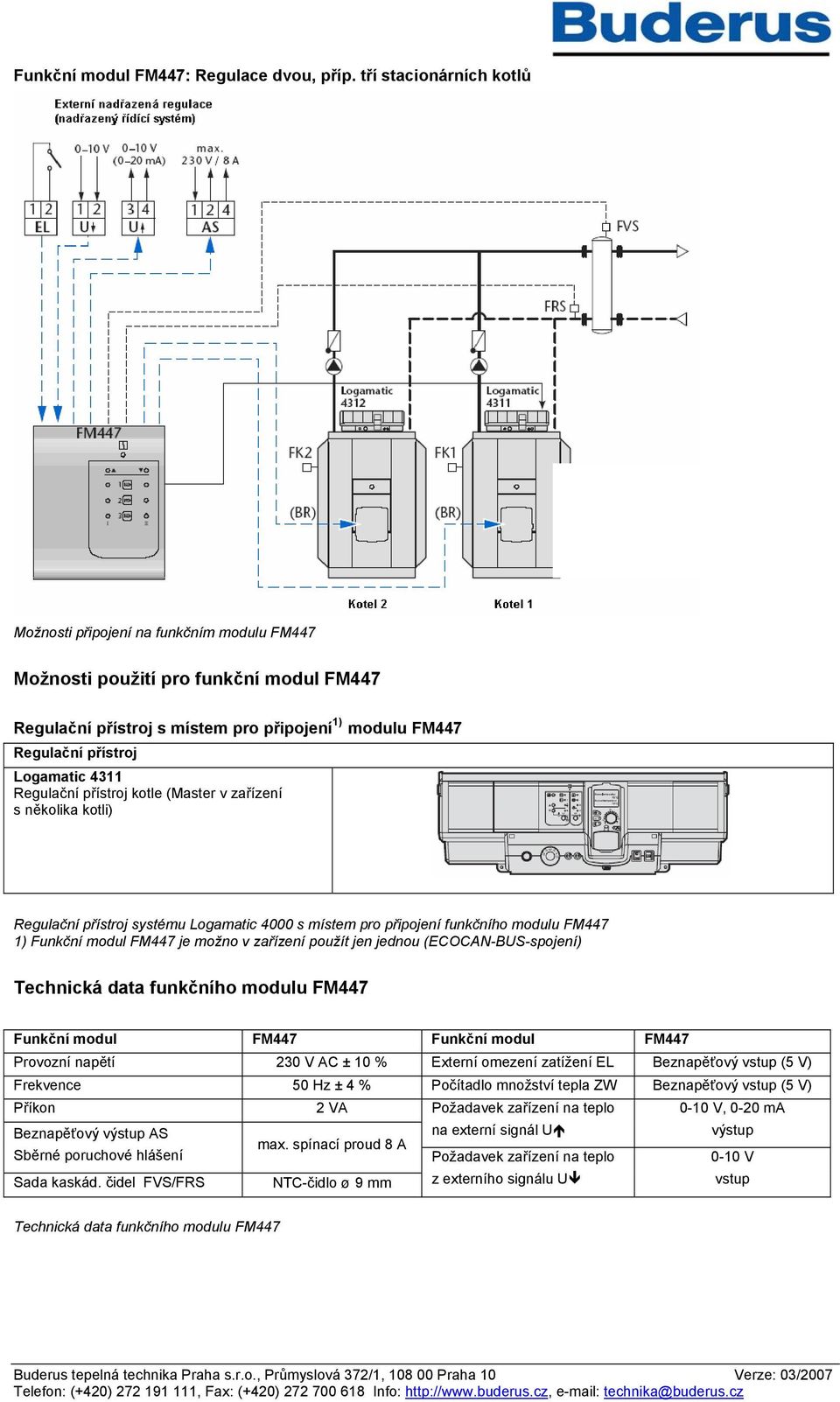 4311 Regulační přístroj kotle (Master v zařízení s několika kotli) Regulační přístroj systému Logamatic 4000 s místem pro připojení funkčního modulu FM447 1) Funkční modul FM447 je možno v zařízení