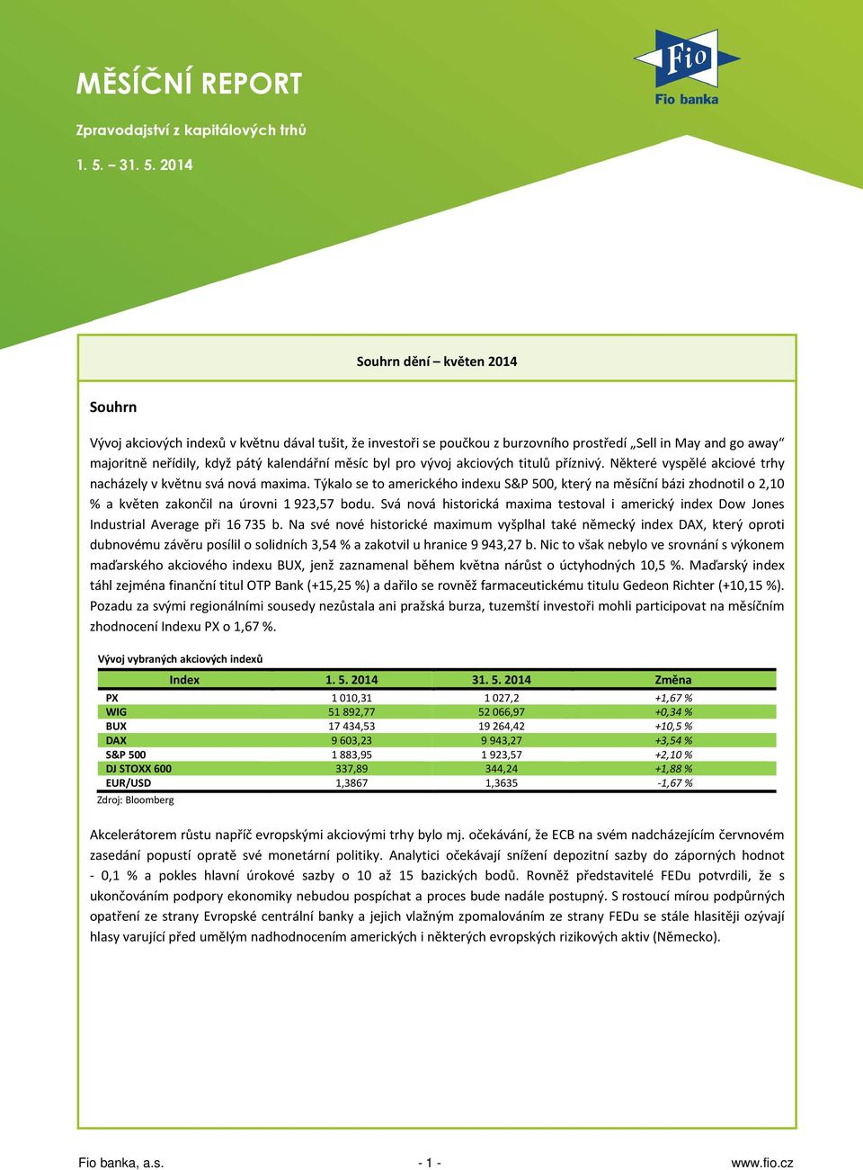 2014 Souhrn dění květen 2014 Souhrn Vývoj akciových indexů v květnu dával tušit, že investoři se poučkou z burzovního prostředí Sell in May and go away majoritně neřídily, když pátý kalendářní měsíc