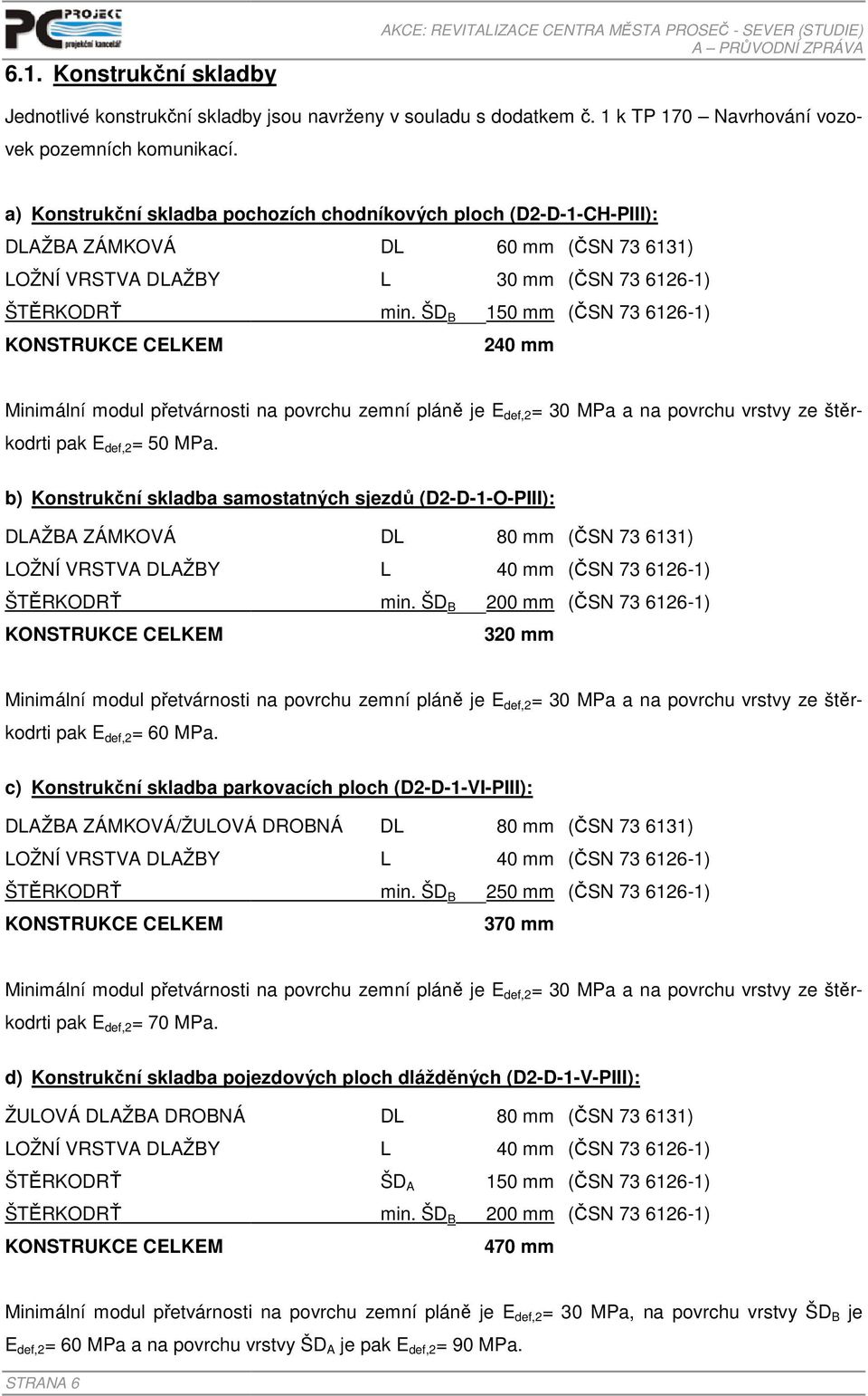 ŠD B 60 mm (ČSN 73 6131) 30 mm (ČSN 73 6126-1) 150 mm (ČSN 73 6126-1) 240 mm Minimální modul přetvárnosti na povrchu zemní pláně je E def,2 = 30 MPa a na povrchu vrstvy ze štěrkodrti pak E def,2 = 50