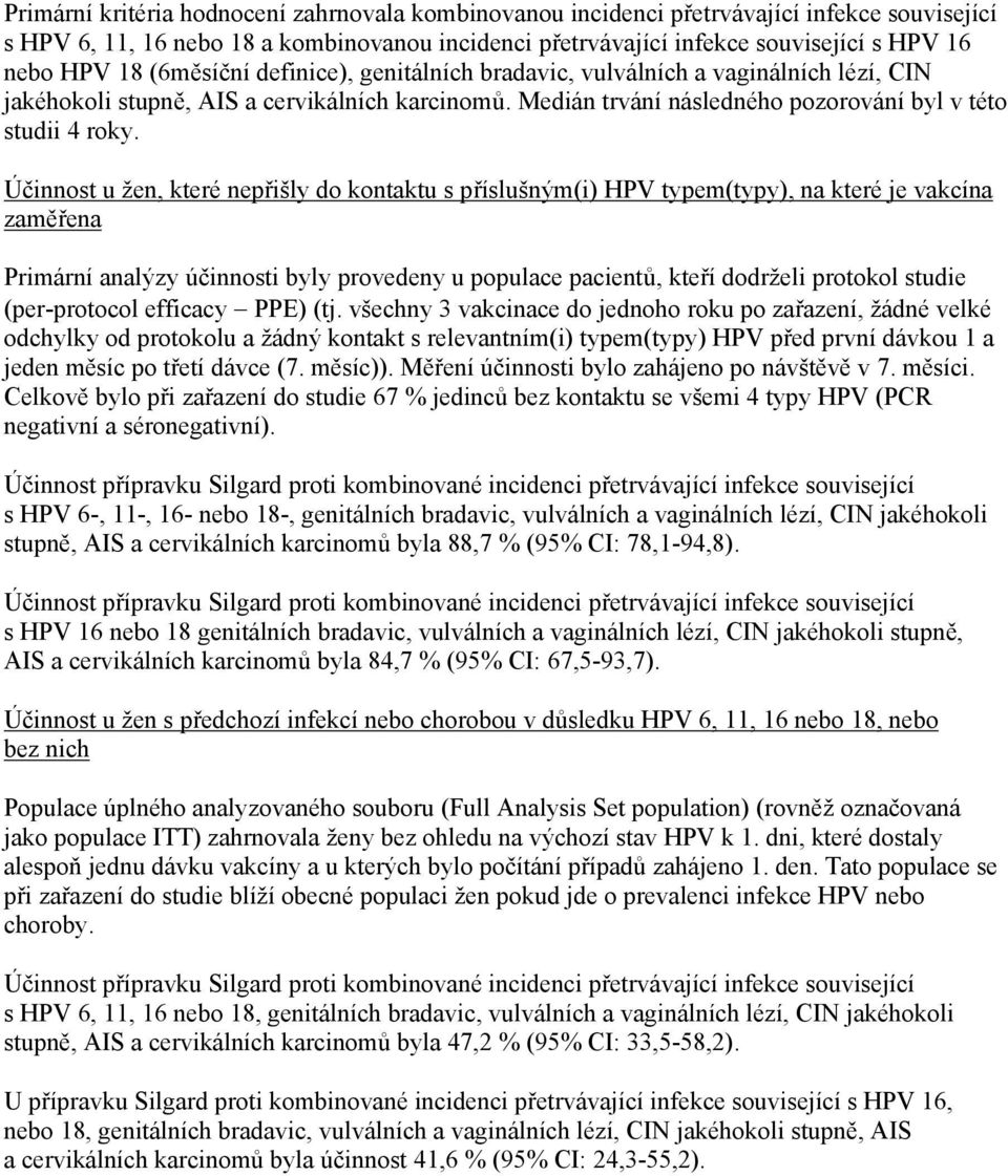 Účinnost u žen, které nepřišly do kontaktu s příslušným(i) HPV typem(typy), na které je vakcína zaměřena Primární analýzy účinnosti byly provedeny u populace pacientů, kteří dodrželi protokol studie