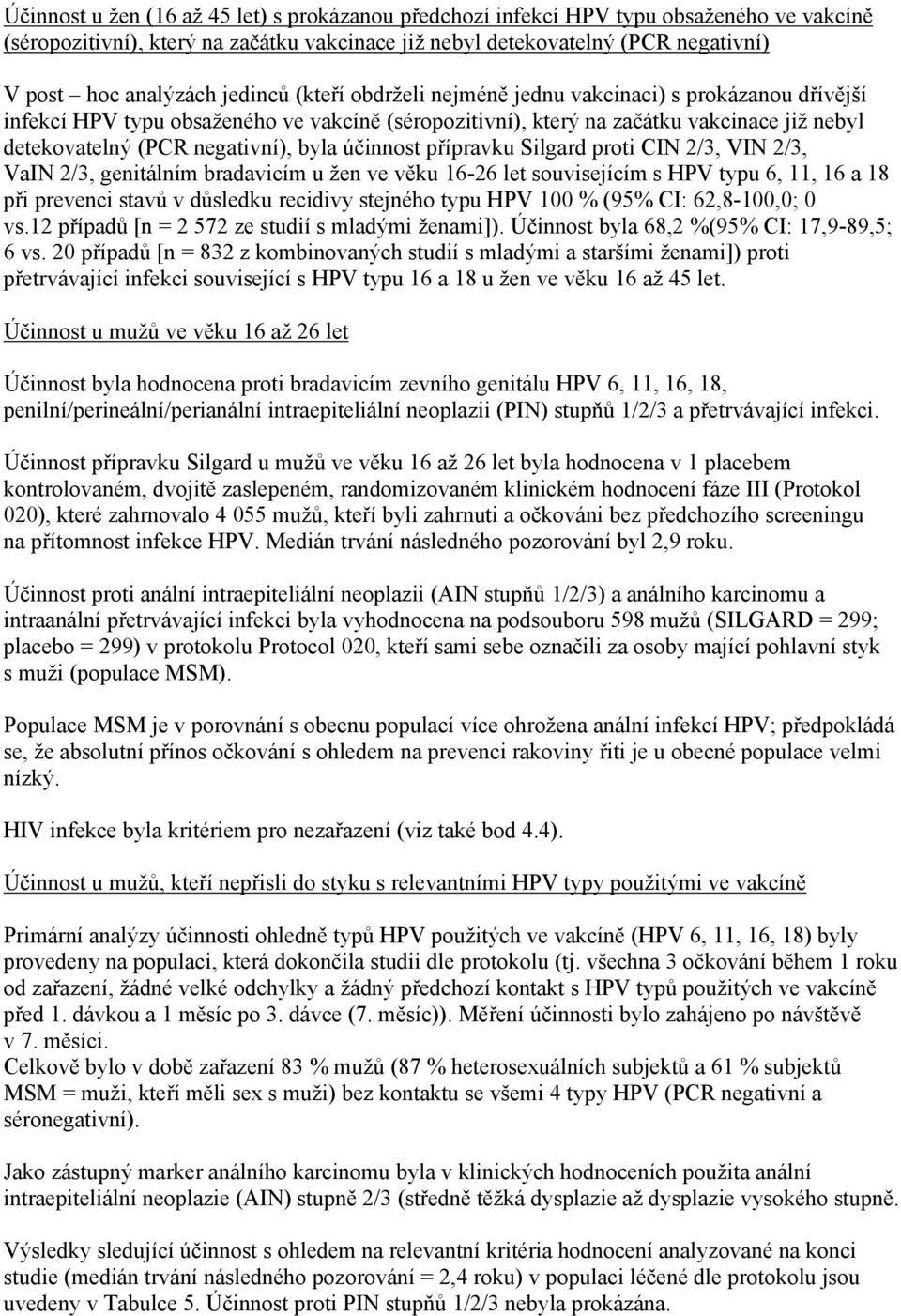 účinnost přípravku Silgard proti CIN 2/3, VIN 2/3, VaIN 2/3, genitálním bradavicím u žen ve věku 16-26 let souvisejícím s HPV typu 6, 11, 16 a 18 při prevenci stavů v důsledku recidivy stejného typu